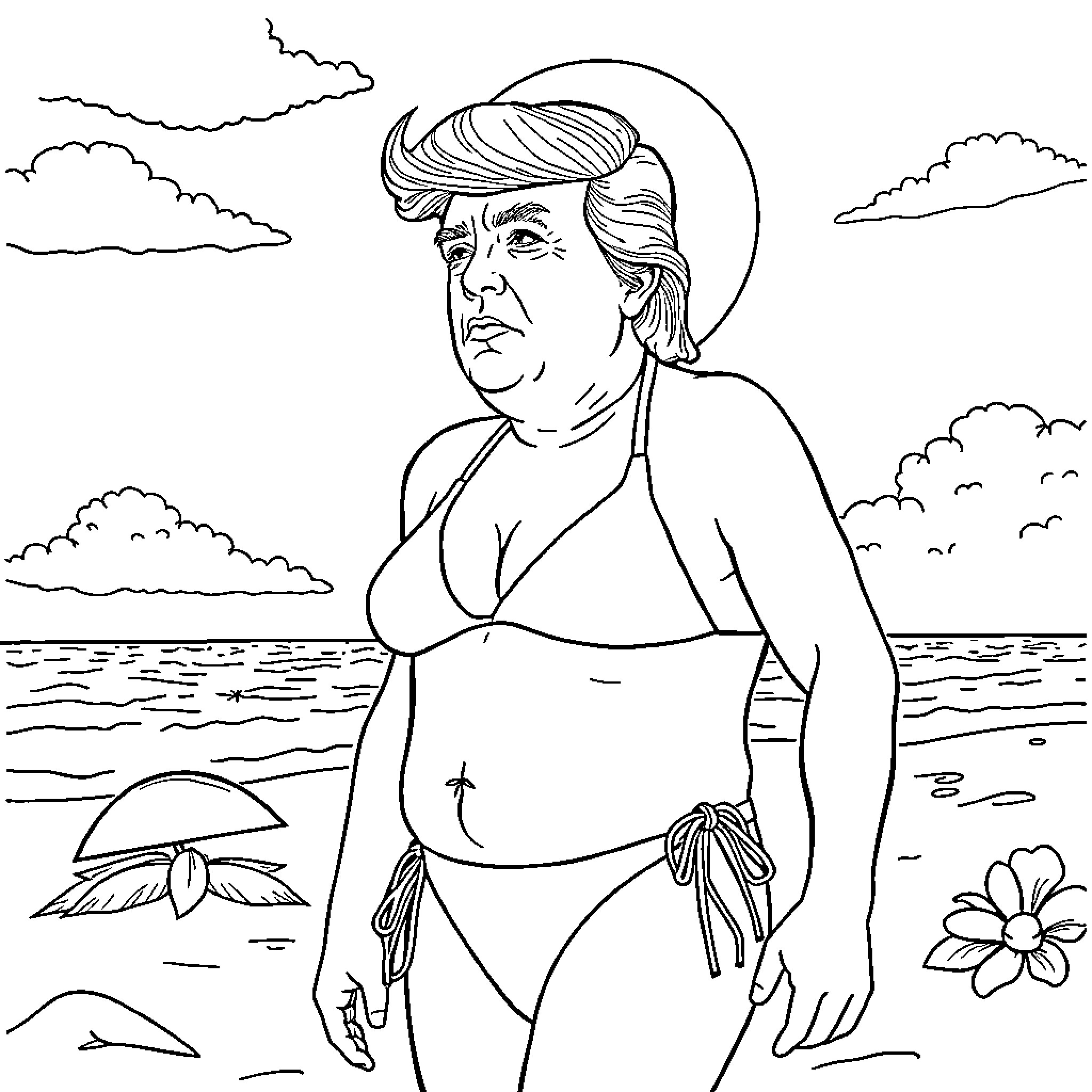 Donald Trump in a Bikini at the Beach Coloring Page (free black-and-white line drawing printable PDF for all, from beginners to advanced learners, including children, teens, adults, and seniors)