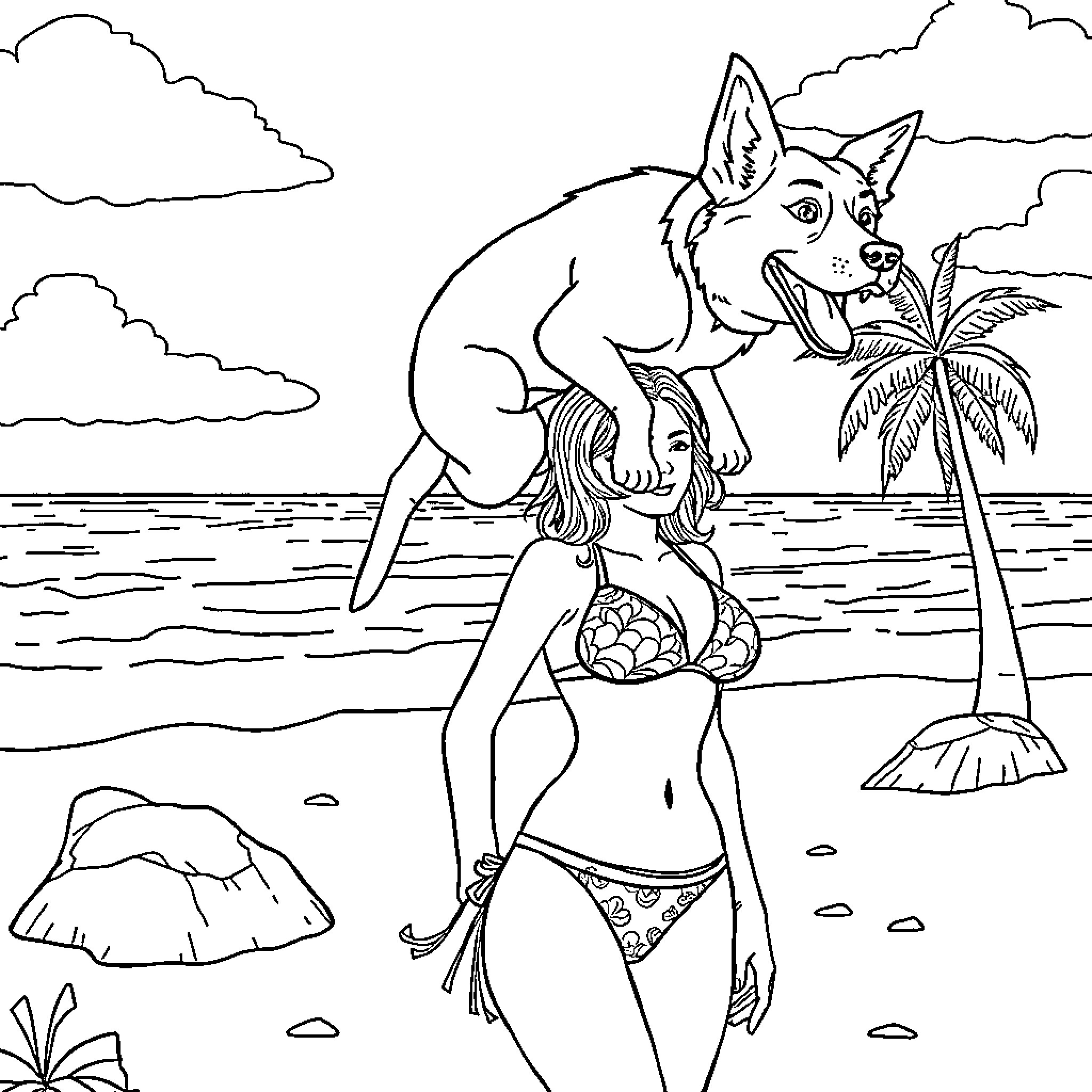 Dog playing with woman on tropical beach Coloring Page (free black-and-white line drawing printable PDF for all, from beginners to advanced learners, including children, teens, adults, and seniors)
