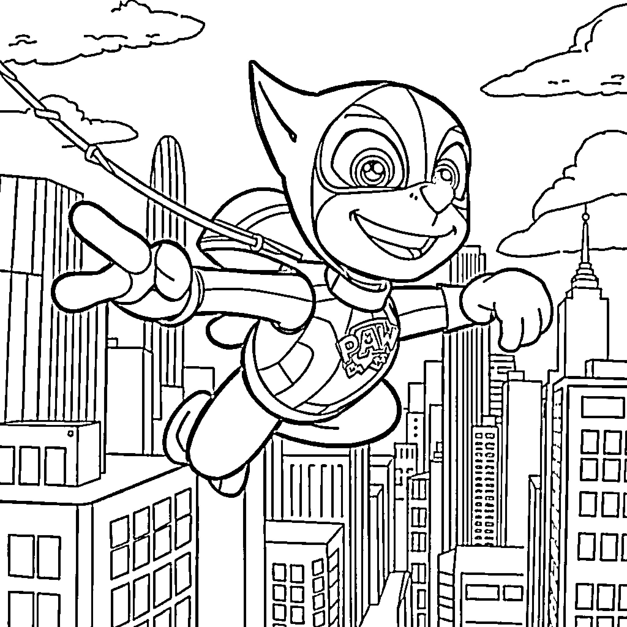 Paw Patrol Character Soaring Over Cityscape Coloring Page (free black-and-white line drawing printable PDF for all, from beginners to advanced learners, including children, teens, adults, and seniors)