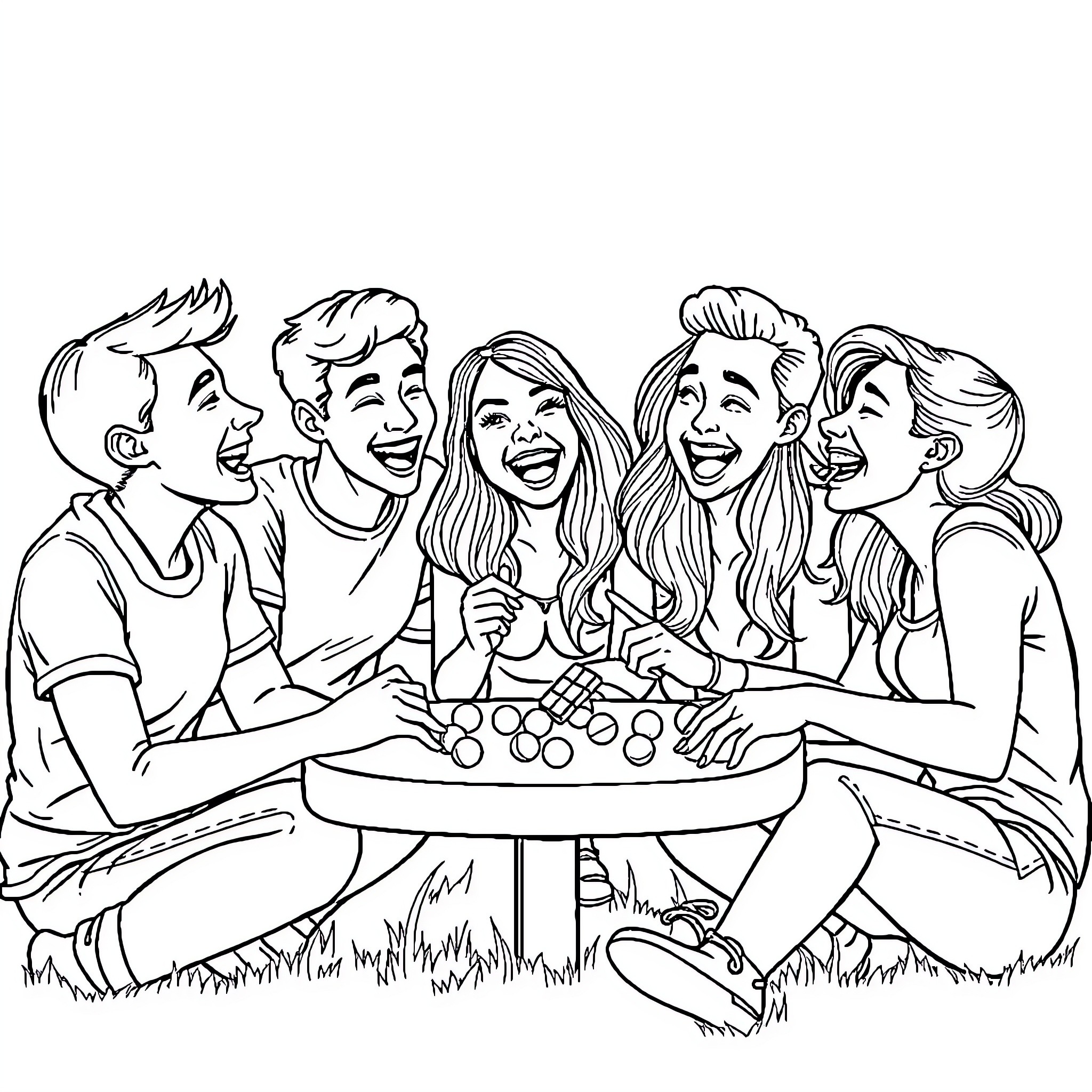 Fun Friends Enjoying Picnic Time Together Coloring Page (free black-and-white line drawing printable PDF for all, from beginners to advanced learners, including children, teens, adults, and seniors)