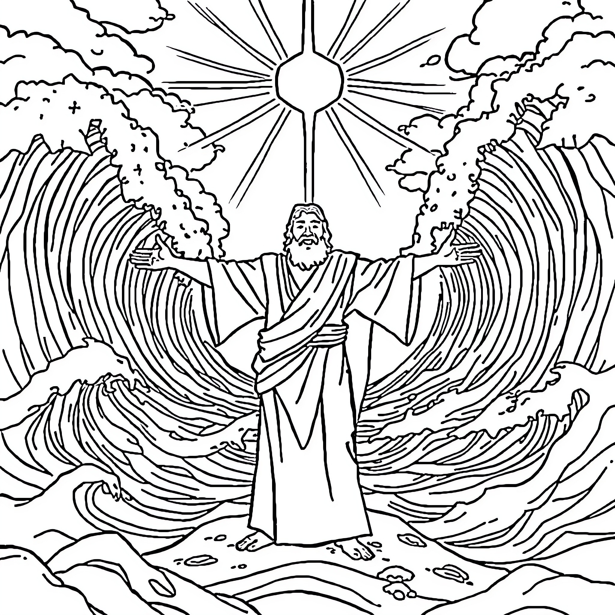 Moses parting the Red Sea with divine power Coloring Page (free black-and-white line drawing printable PDF for all, from beginners to advanced learners, including children, teens, adults, and seniors)