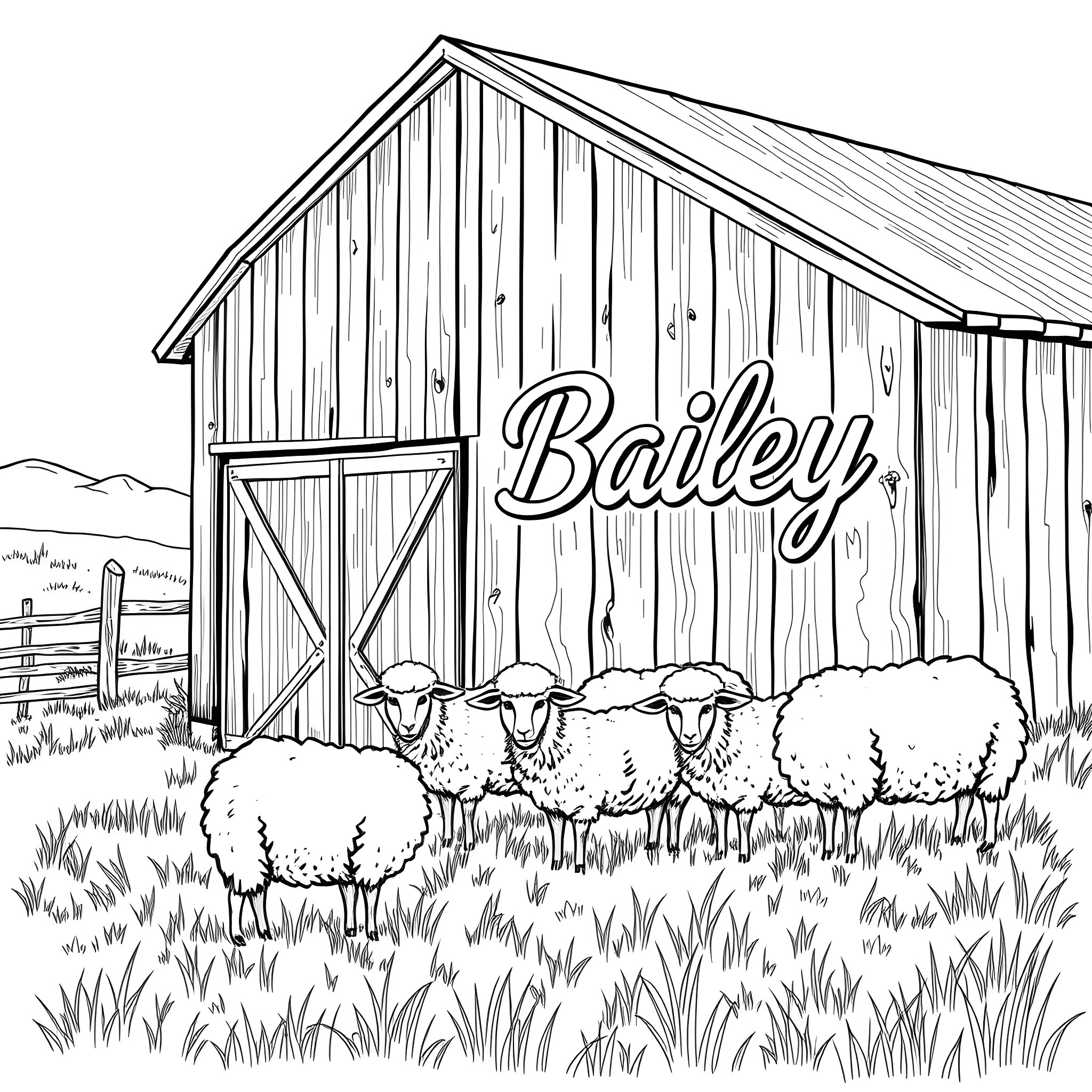 Sheep grazing near the Bailery barn Coloring Page (free black-and-white line drawing printable PDF for all, from beginners to advanced learners, including children, teens, adults, and seniors)