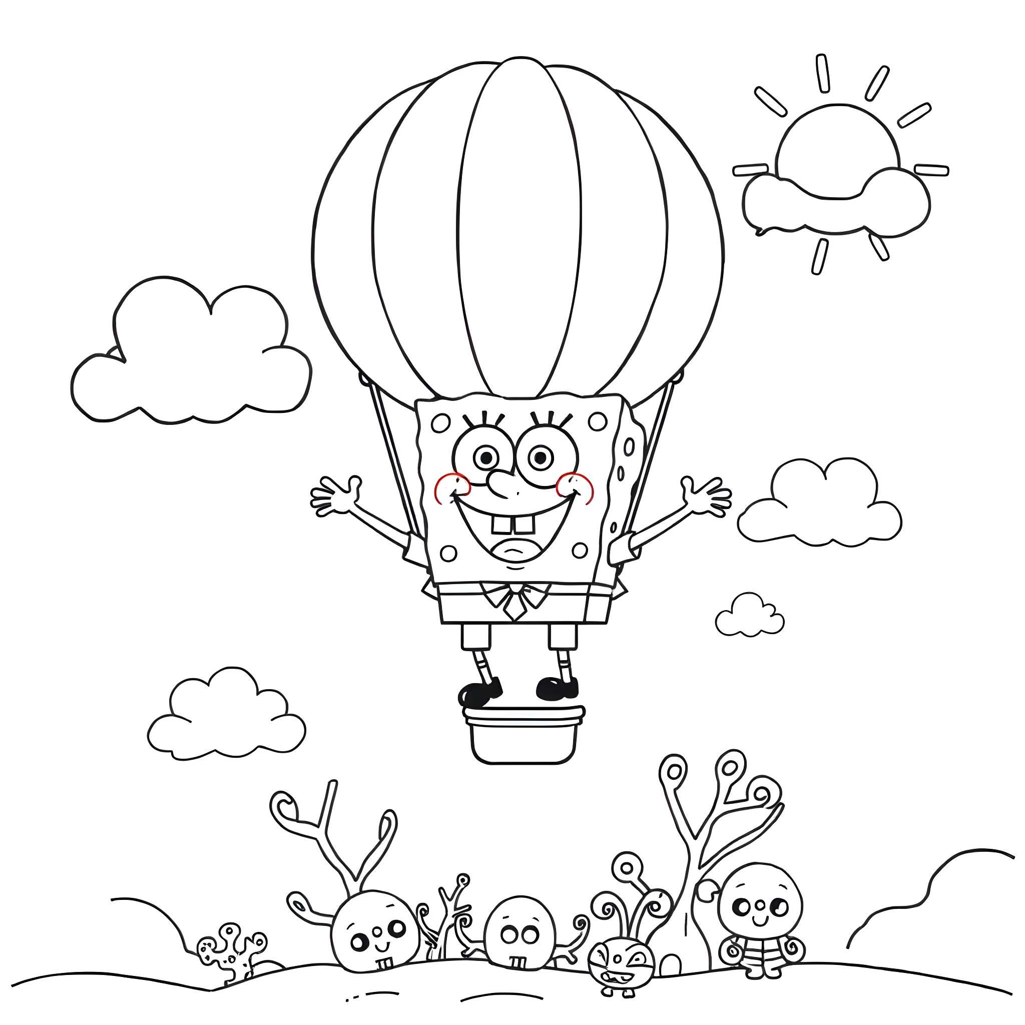 Spongebob happily riding a hot air balloon Coloring Page (free black-and-white line drawing printable PDF for all, from beginners to advanced learners, including children, teens, adults, and seniors)