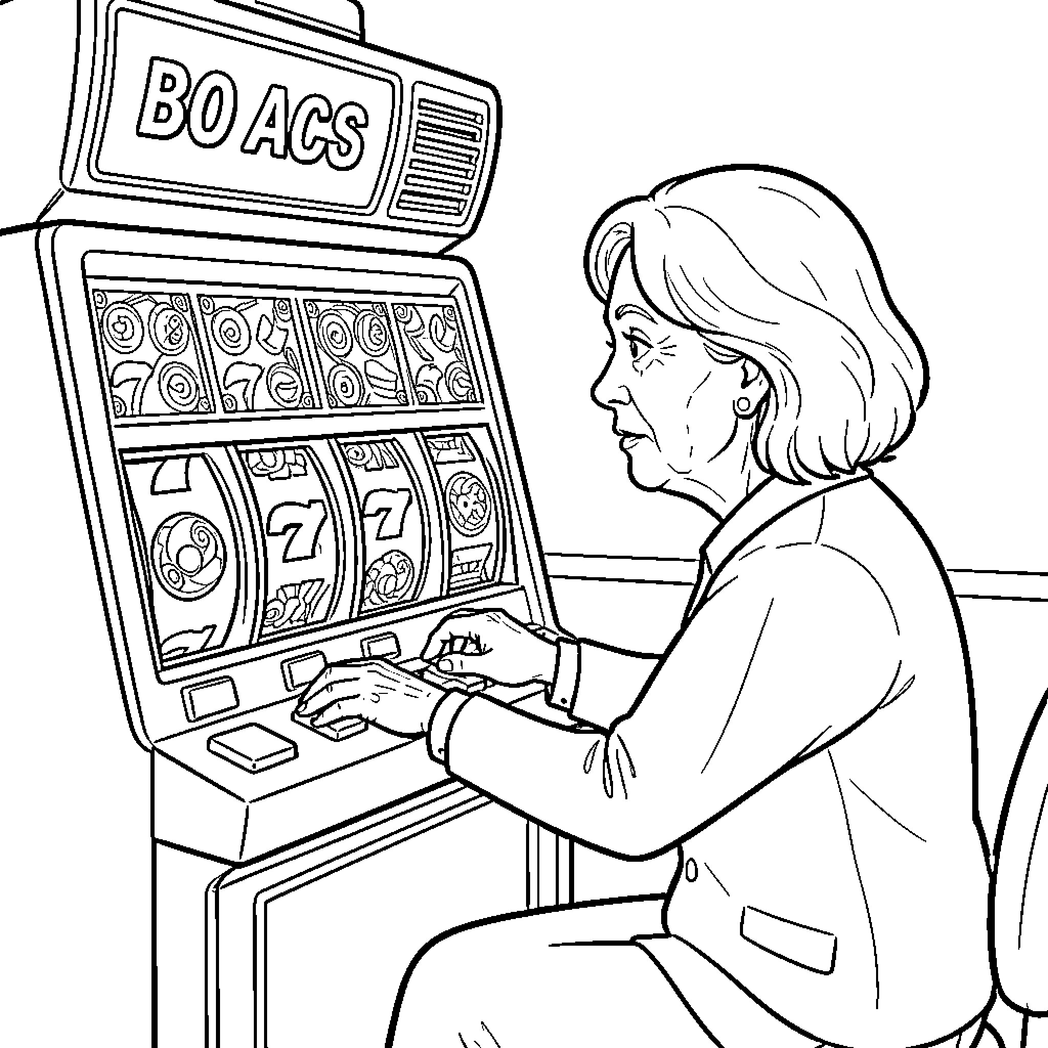 Woman playing a slot machine in a casino Coloring Page (free black-and-white line drawing printable PDF for all, from beginners to advanced learners, including children, teens, adults, and seniors)