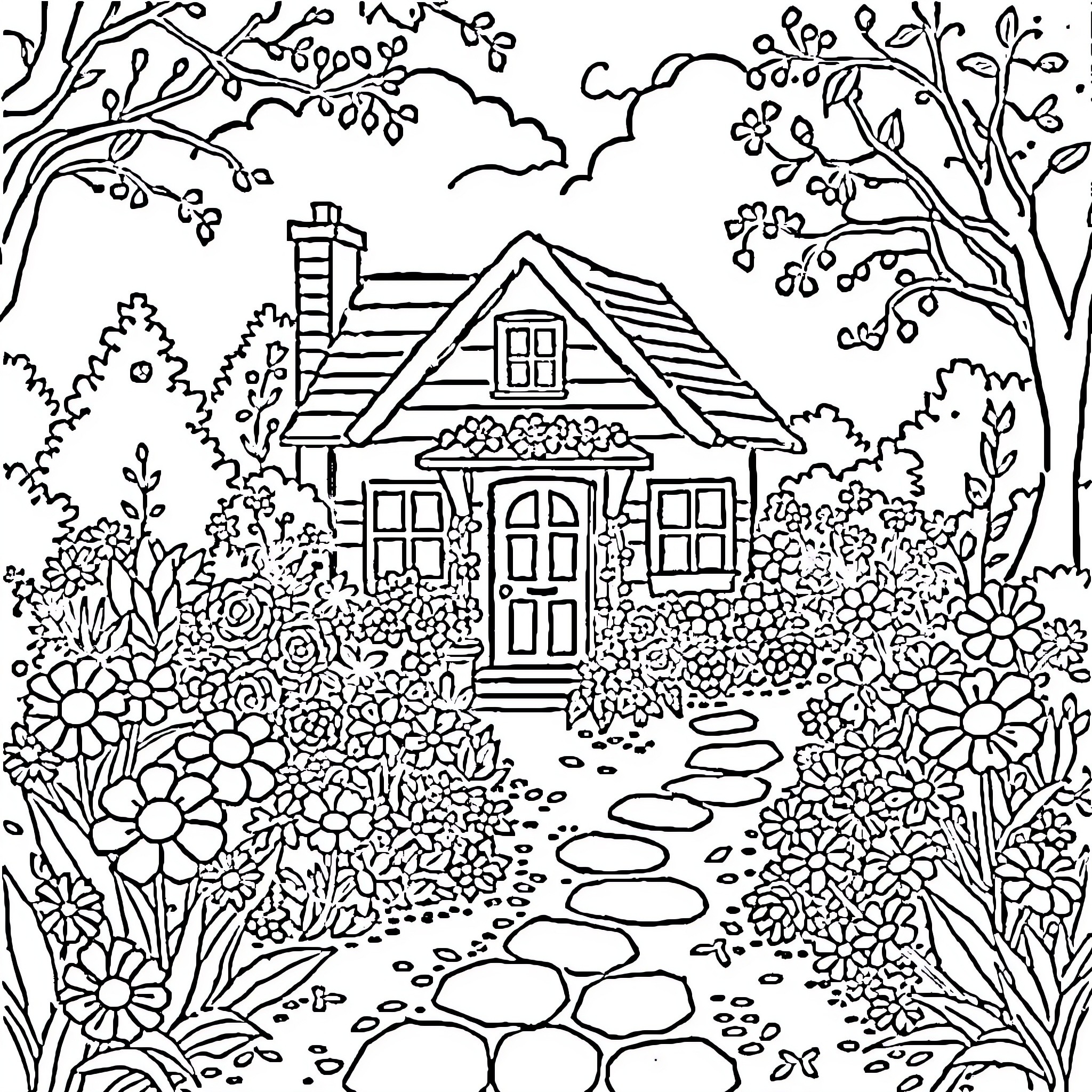 Garden with a charming cottage and lush foliage Coloring Page (free black-and-white line drawing printable PDF for all, from beginners to advanced learners, including children, teens, adults, and seniors)