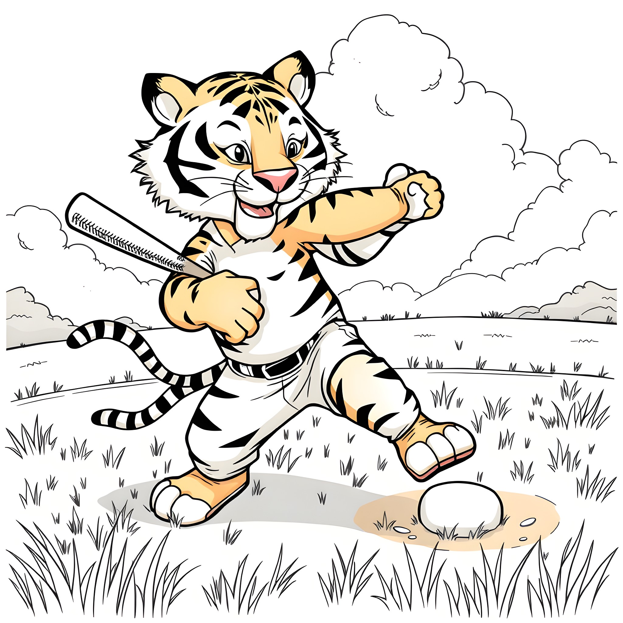 Tiger leaping through tall grass in the wilderness Coloring Page (free black-and-white line drawing printable PDF for all, from beginners to advanced learners, including children, teens, adults, and seniors)