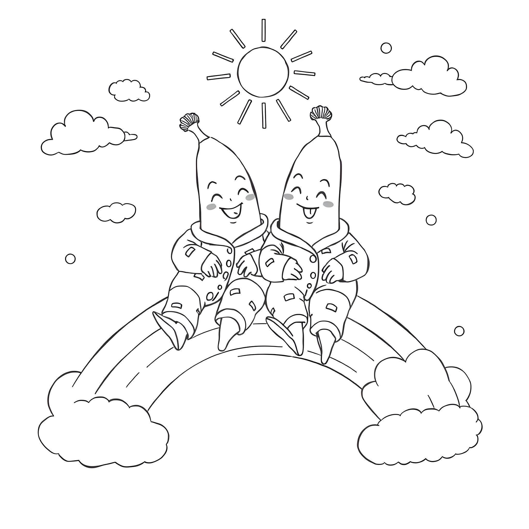 Banana friends relaxing on a rainbow Coloring Page (free black-and-white line drawing printable PDF for all, from beginners to advanced learners, including children, teens, adults, and seniors)