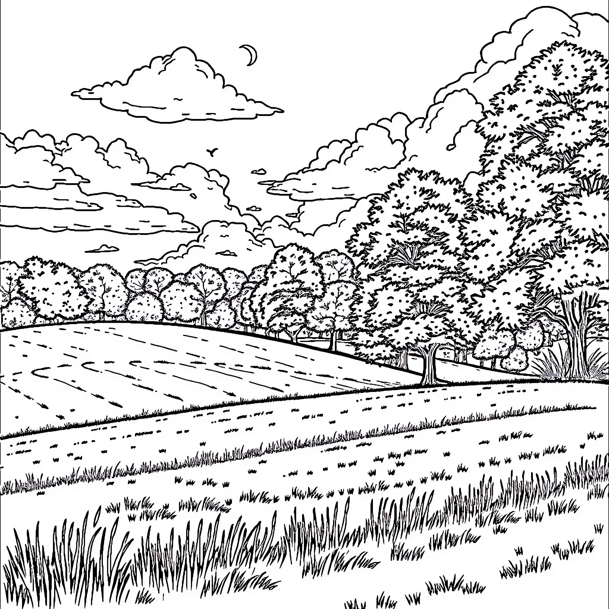 Sunday Stroll Through the Peaceful Countryside Coloring Page (free black-and-white line drawing printable PDF for all, from beginners to advanced learners, including children, teens, adults, and seniors)