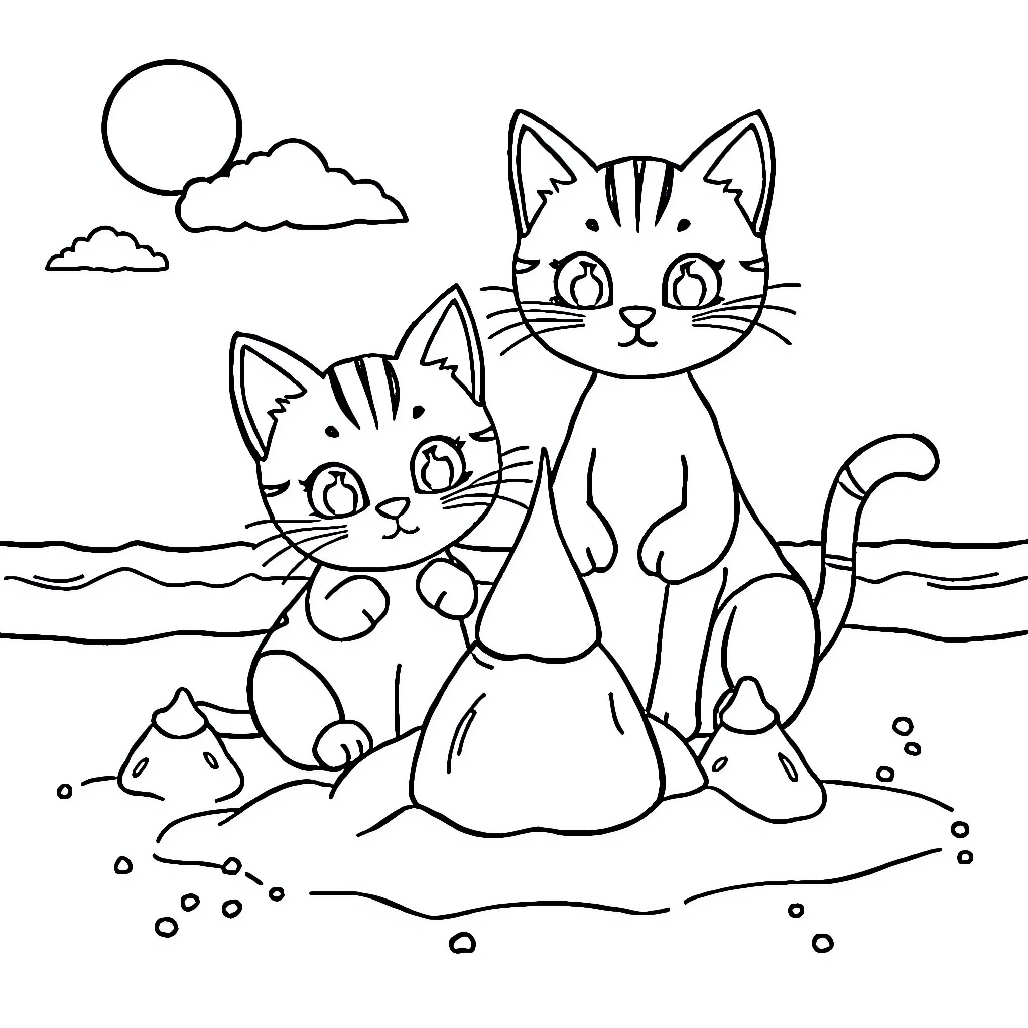 Cats playing by the water Coloring Page (free black-and-white line drawing printable PDF for all, from beginners to advanced learners, including children, teens, adults, and seniors)