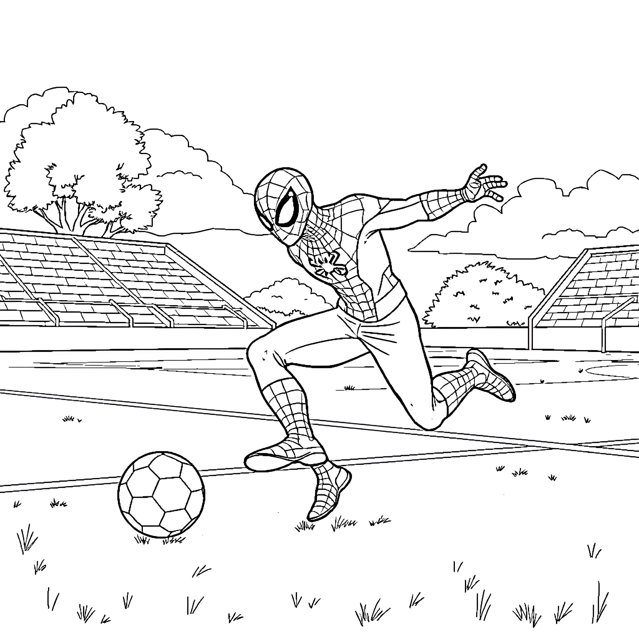 Spiderman playing soccer in the neighborhood Coloring Page (free black-and-white line drawing printable PDF for all, from beginners to advanced learners, including children, teens, adults, and seniors)