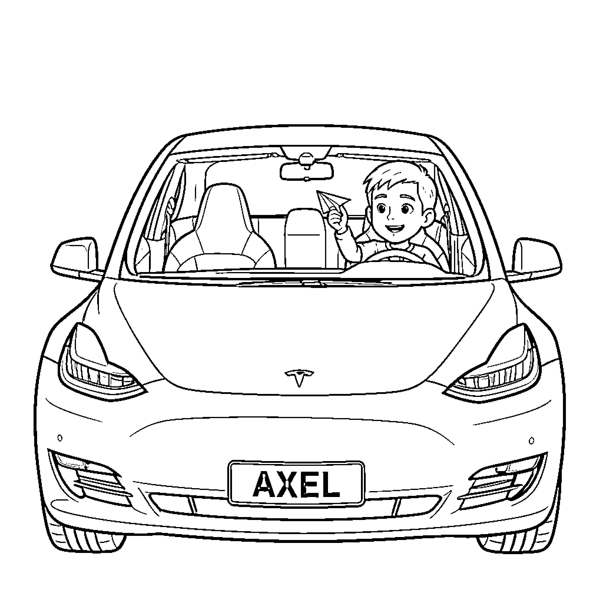 Boy sitting in a car holding a paper airplane Coloring Page (free black-and-white line drawing printable PDF for all, from beginners to advanced learners, including children, teens, adults, and seniors)