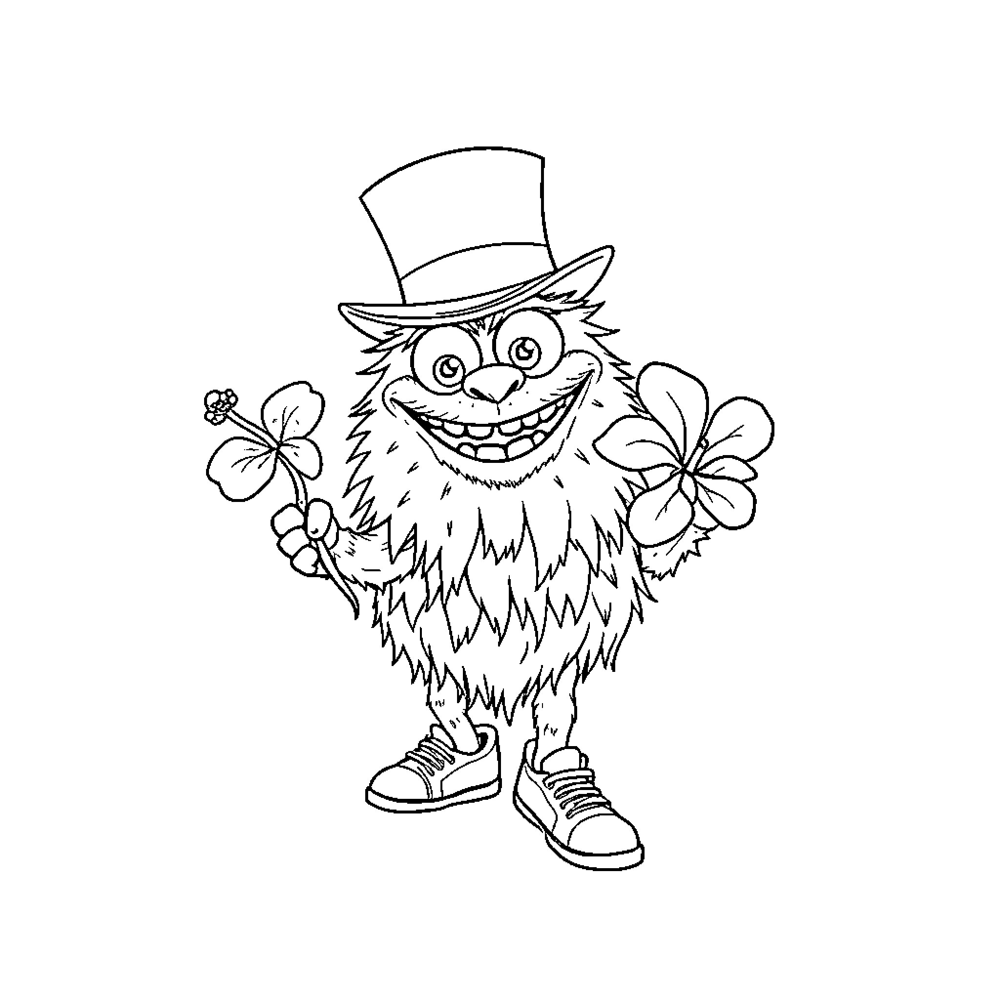 Monster Wearing Tophat and Holding Flowers Coloring Page (free black-and-white line drawing printable PDF for all, from beginners to advanced learners, including children, teens, adults, and seniors)