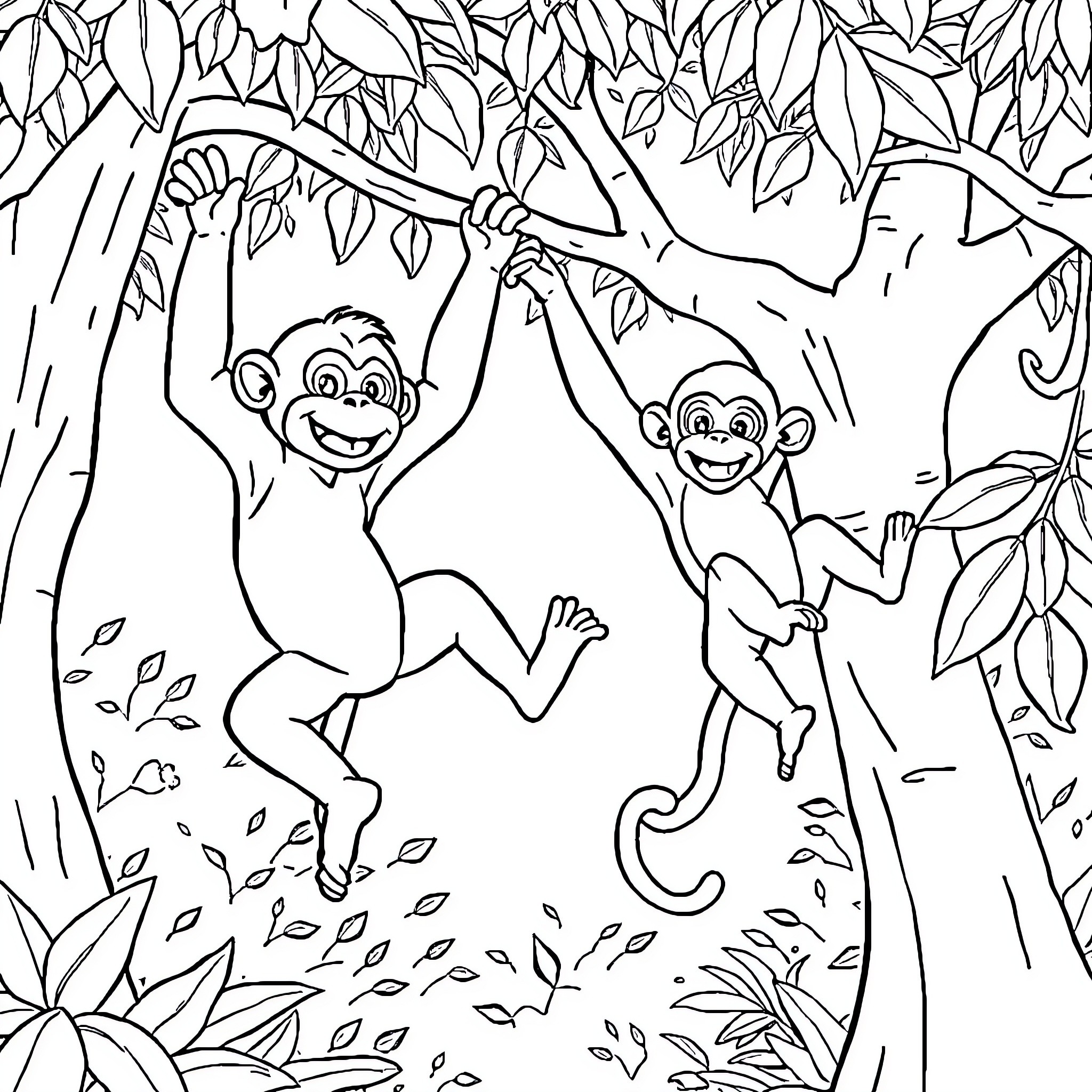 Monkeys swinging playfully in jungle Coloring Page (free black-and-white line drawing printable PDF for all, from beginners to advanced learners, including children, teens, adults, and seniors)
