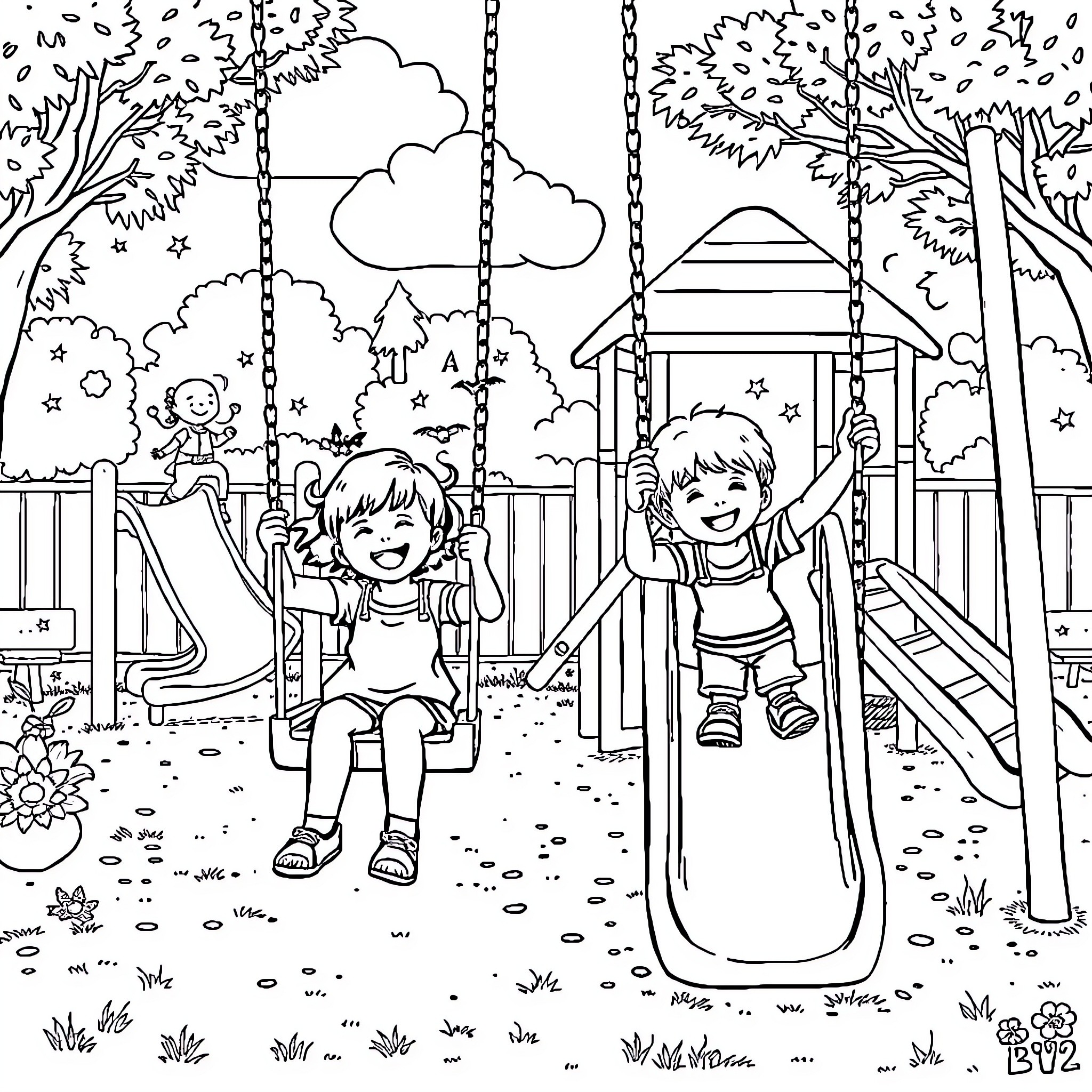 Children playing happily on the playground Coloring Page (free black-and-white line drawing printable PDF for all, from beginners to advanced learners, including children, teens, adults, and seniors)