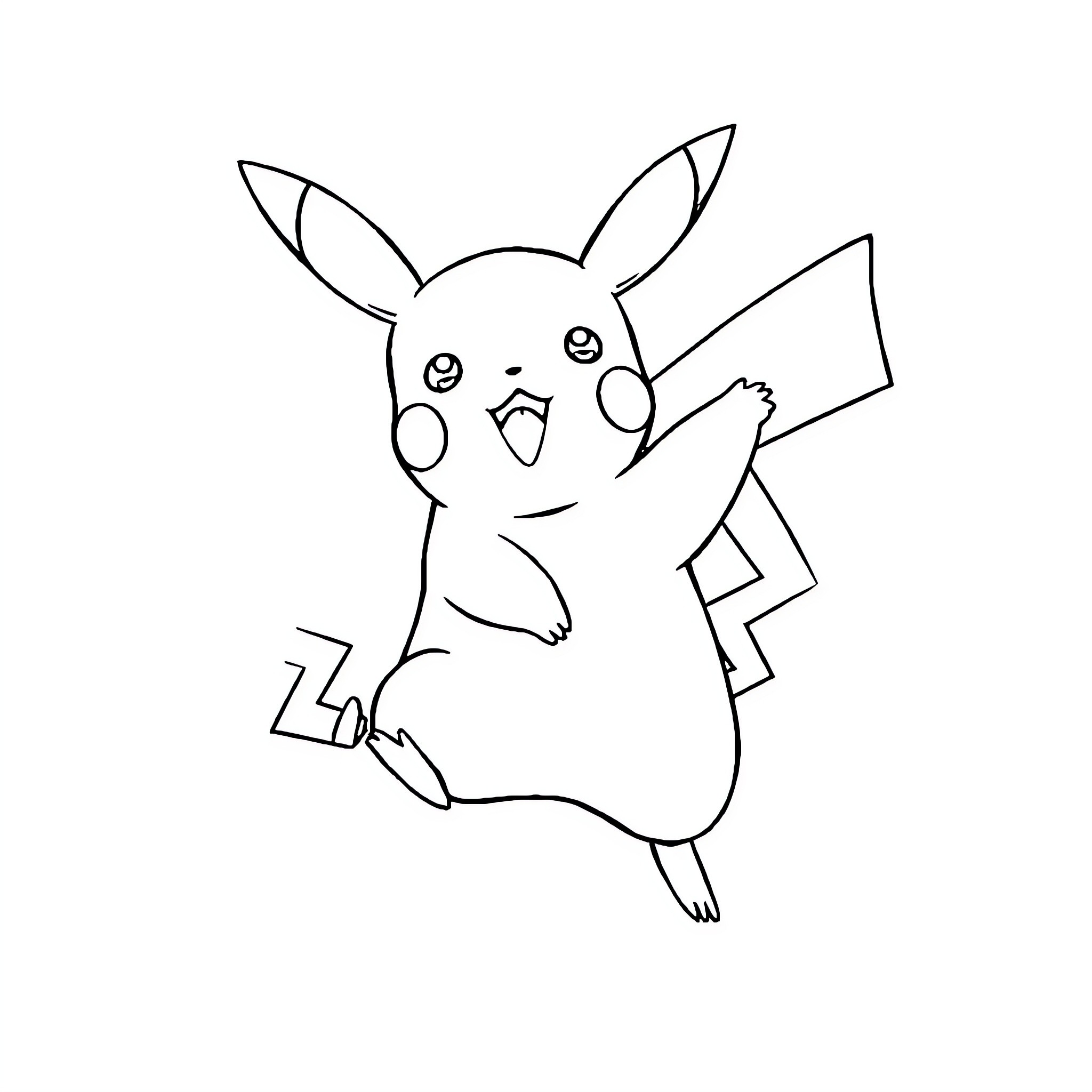 Pikachu in playful pose Coloring Page (free black-and-white line drawing printable PDF for all, from beginners to advanced learners, including children, teens, adults, and seniors)
