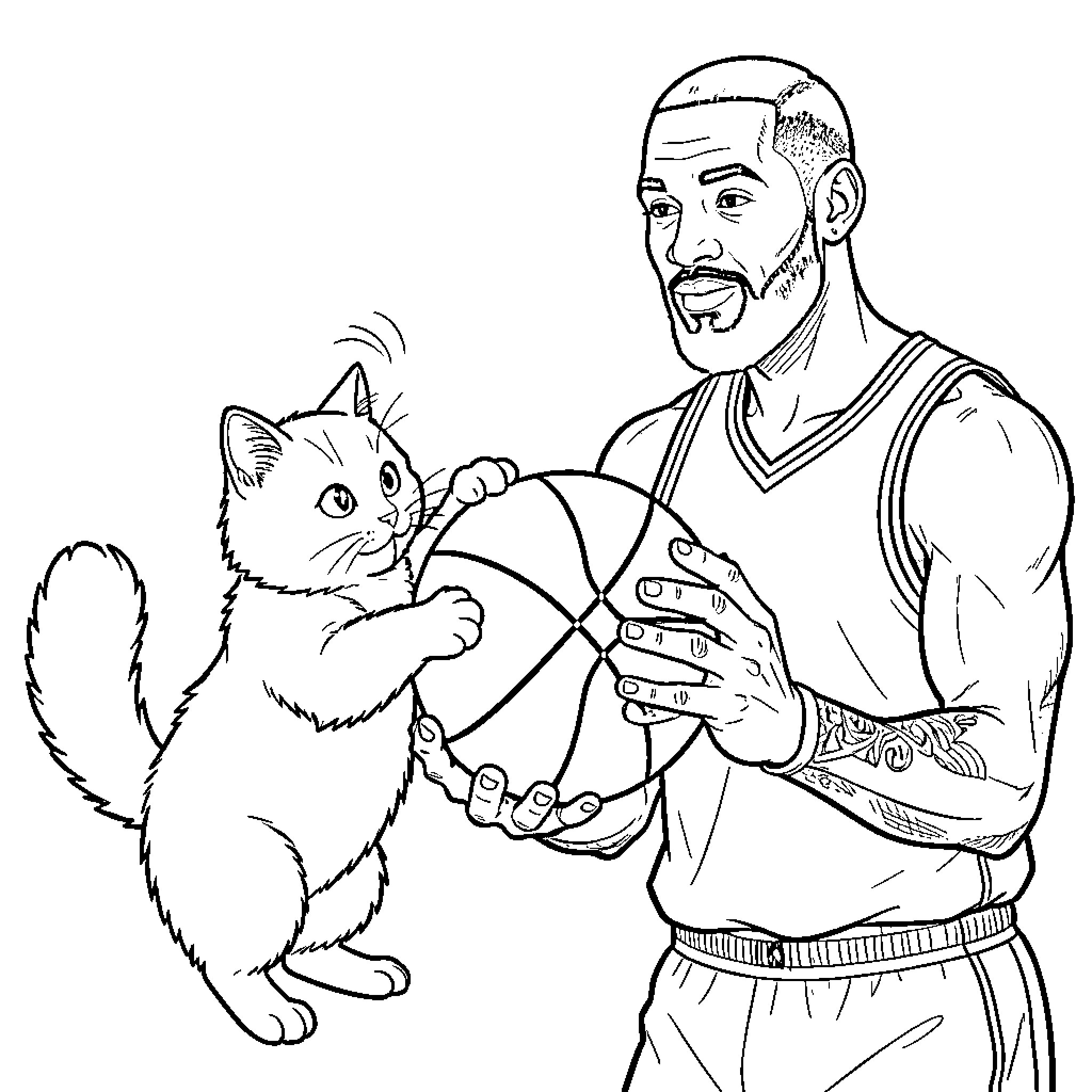 Cat playing with basketball with man Coloring Page (free black-and-white line drawing printable PDF for all, from beginners to advanced learners, including children, teens, adults, and seniors)