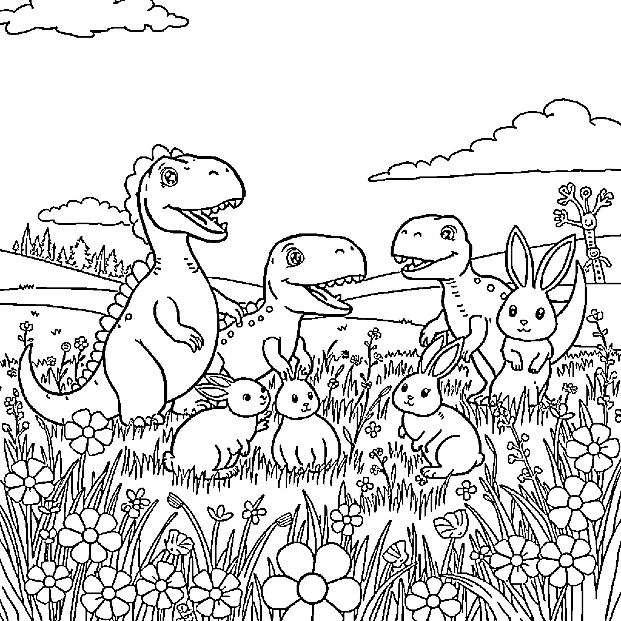 Dinosaur friends explore the lush meadow Coloring Page (free black-and-white line drawing printable PDF for all, from beginners to advanced learners, including children, teens, adults, and seniors)