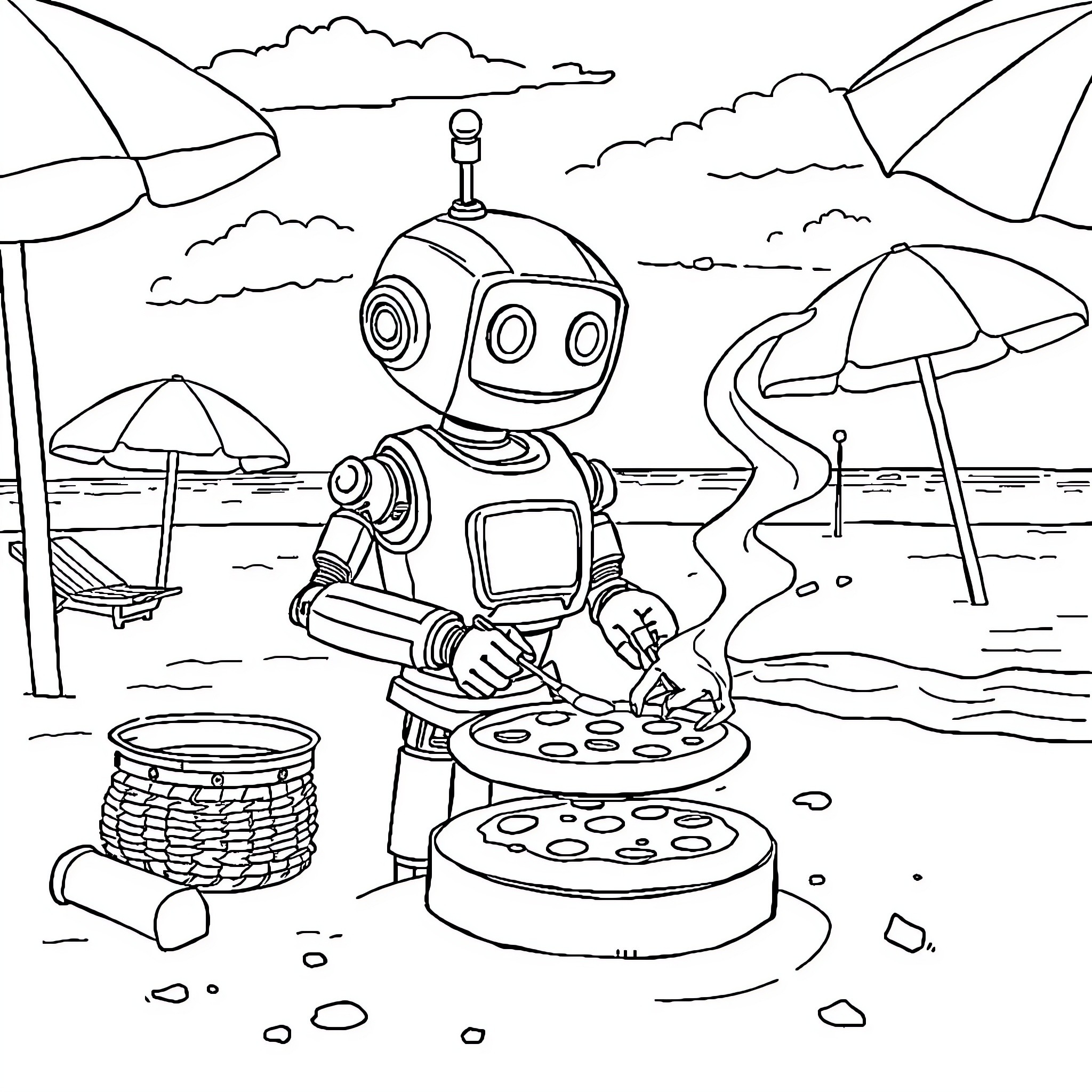 Robot Enjoying a Beach Day with Picnic Coloring Page (free black-and-white line drawing printable PDF for all, from beginners to advanced learners, including children, teens, adults, and seniors)