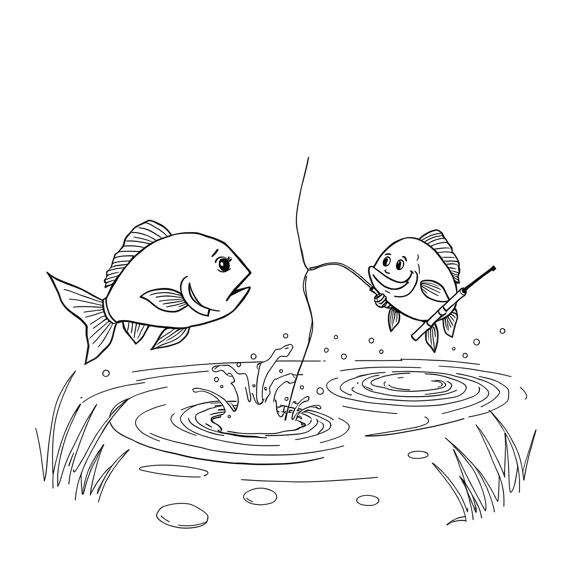 Fish Playing in Rippling Pond Coloring Page (free black-and-white line drawing printable PDF for all, from beginners to advanced learners, including children, teens, adults, and seniors)