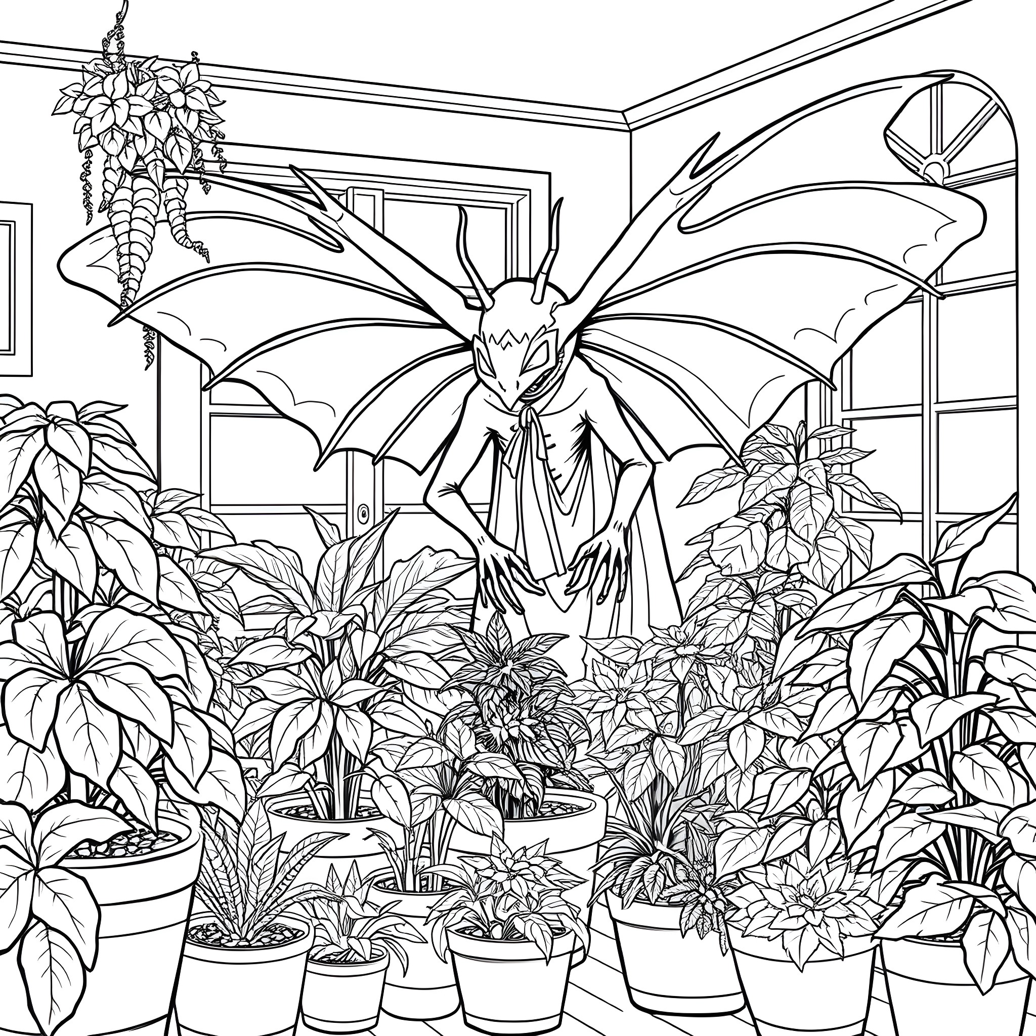 Mothman amongst the flora and fauna in an indoor greenhouse Coloring Page (free black-and-white line drawing printable PDF for all, from beginners to advanced learners, including children, teens, adults, and seniors)