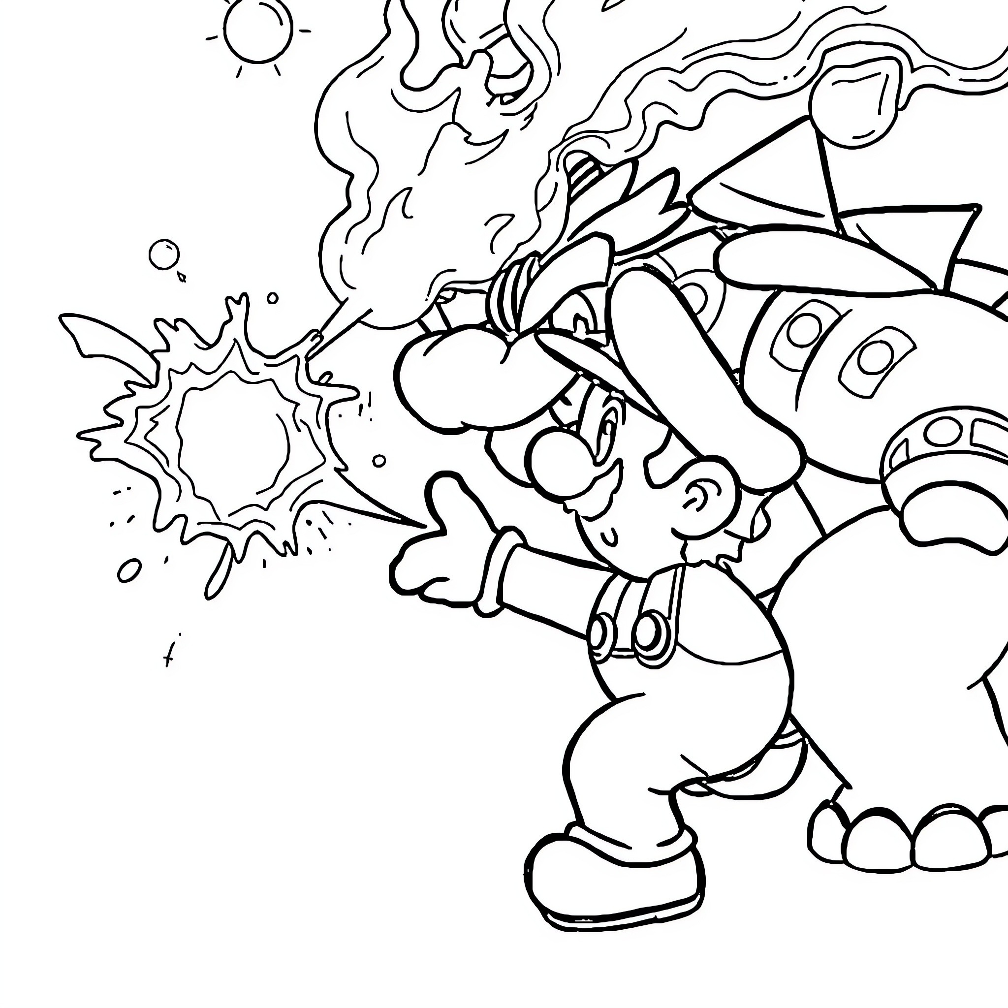 Mario on a surreal, fiery adventure Coloring Page (free black-and-white line drawing printable PDF for all, from beginners to advanced learners, including children, teens, adults, and seniors)