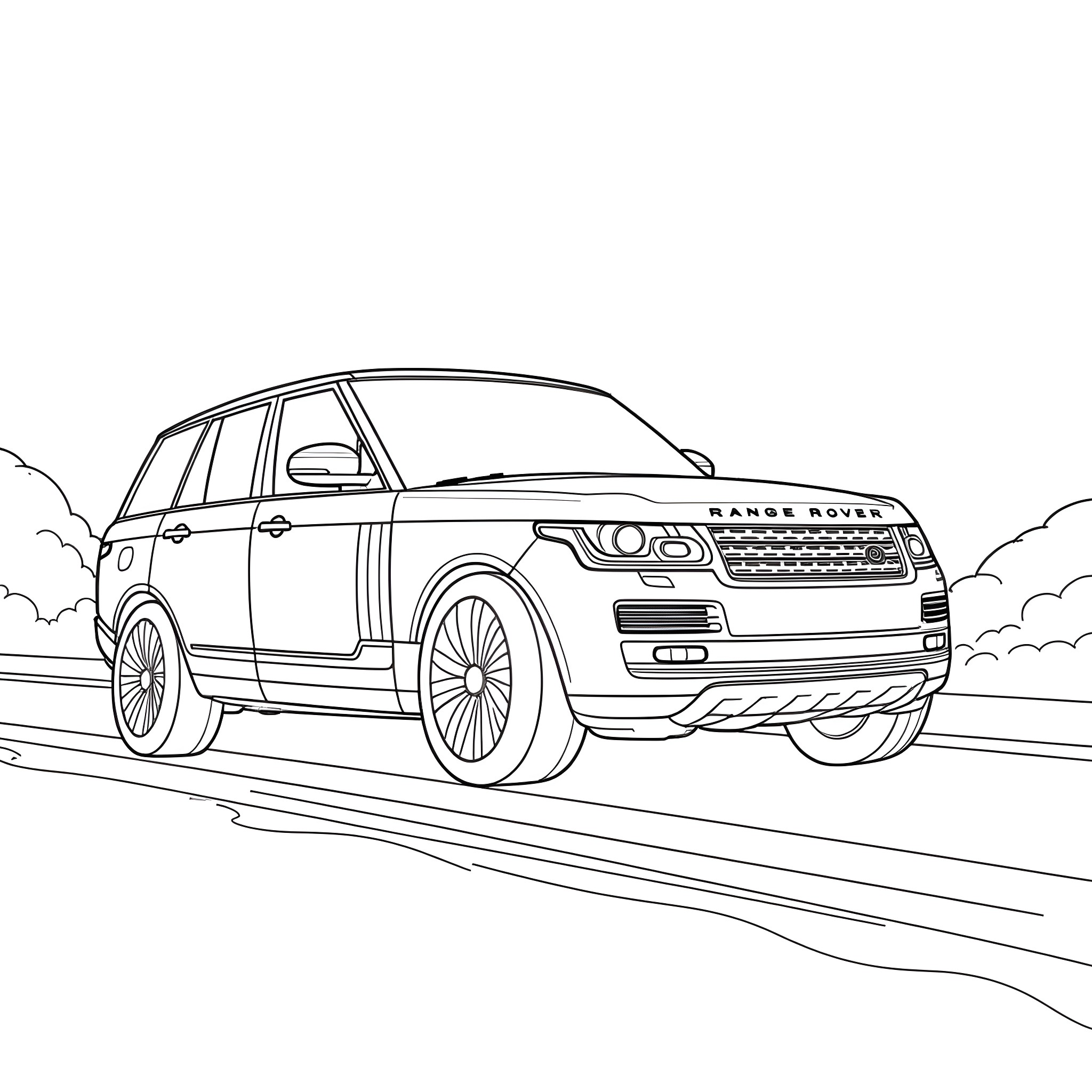 Range Rover Driving on Winding Road Coloring Page (free black-and-white line drawing printable PDF for all, from beginners to advanced learners, including children, teens, adults, and seniors)