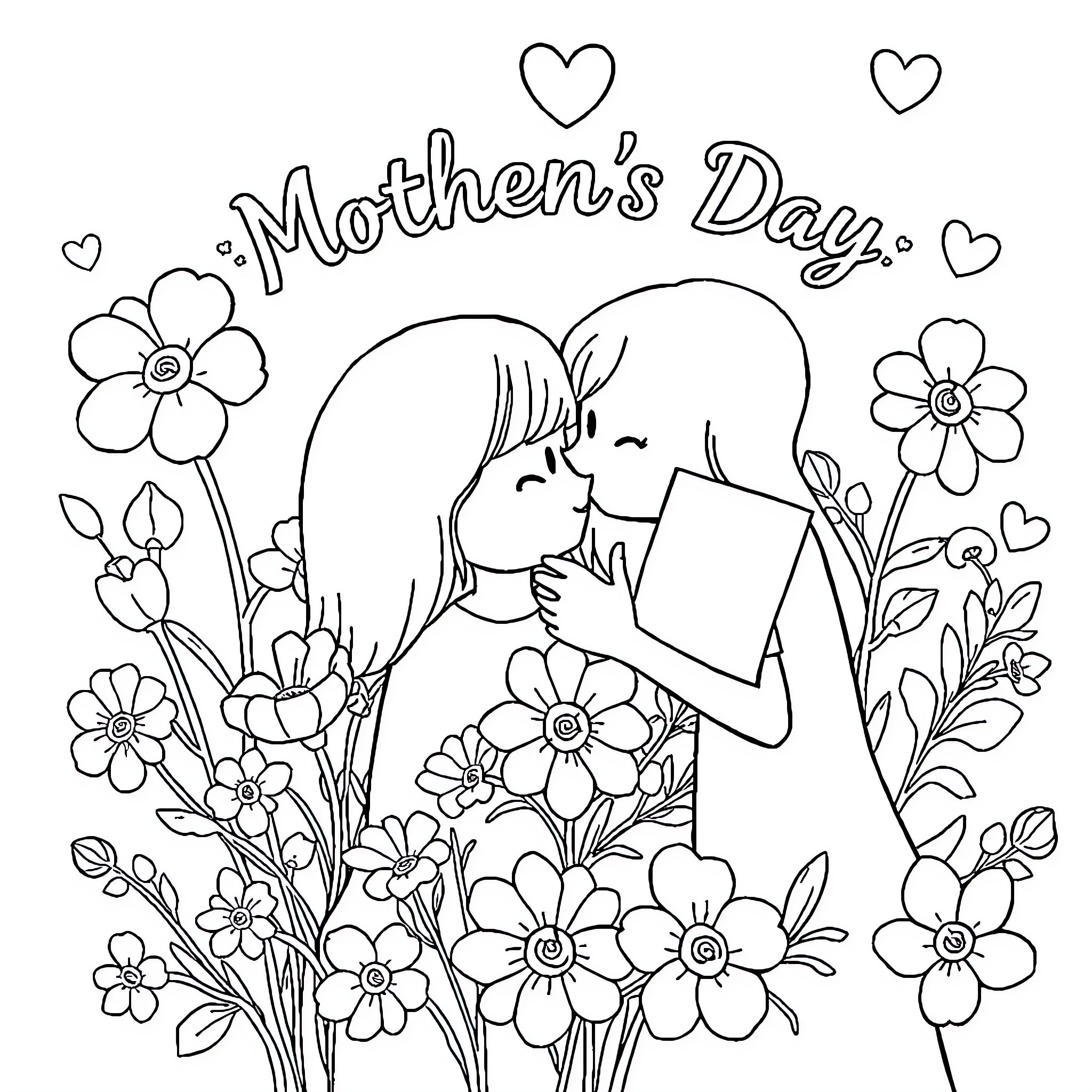 Mother's Day with her child in a floral garden Coloring Page (free black-and-white line drawing printable PDF for all, from beginners to advanced learners, including children, teens, adults, and seniors)