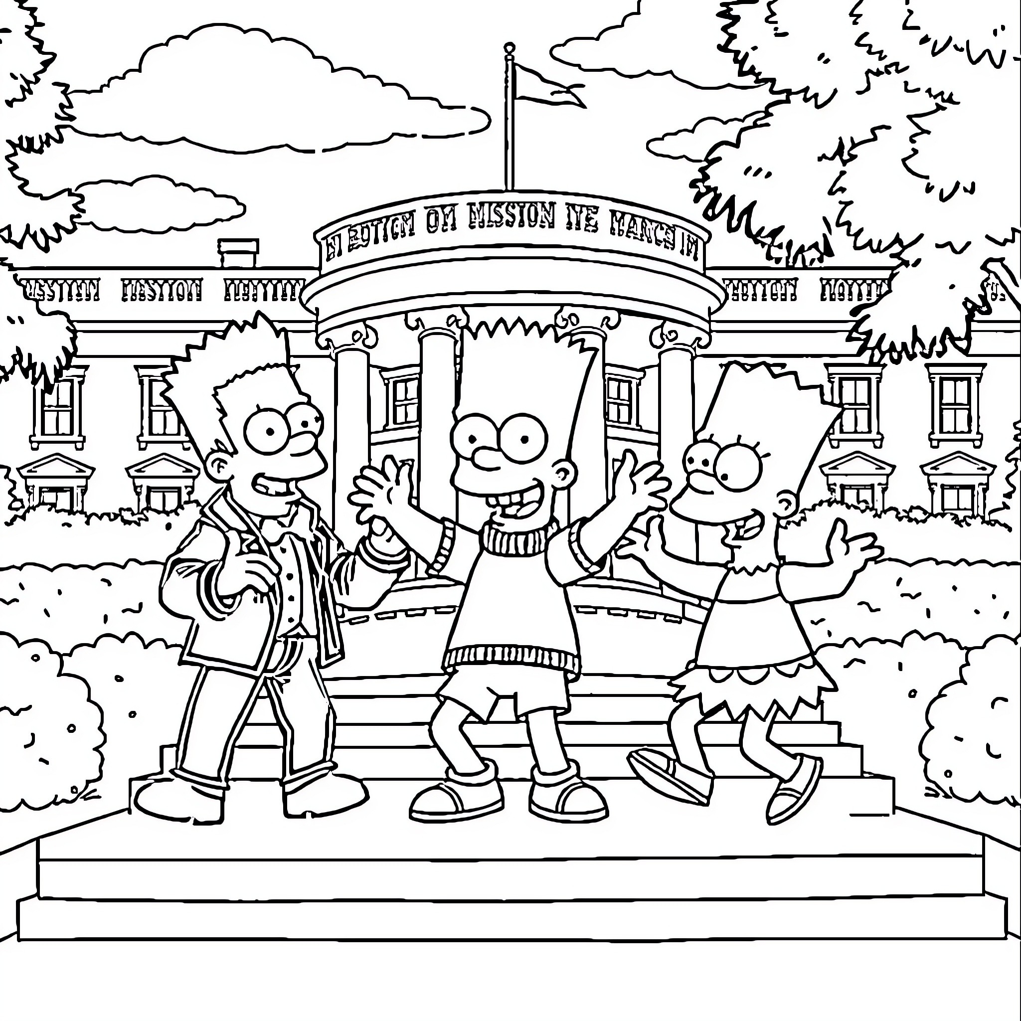Bart Simpson and Family at the Mission de Ranchos Coloring Page (free black-and-white line drawing printable PDF for all, from beginners to advanced learners, including children, teens, adults, and seniors)