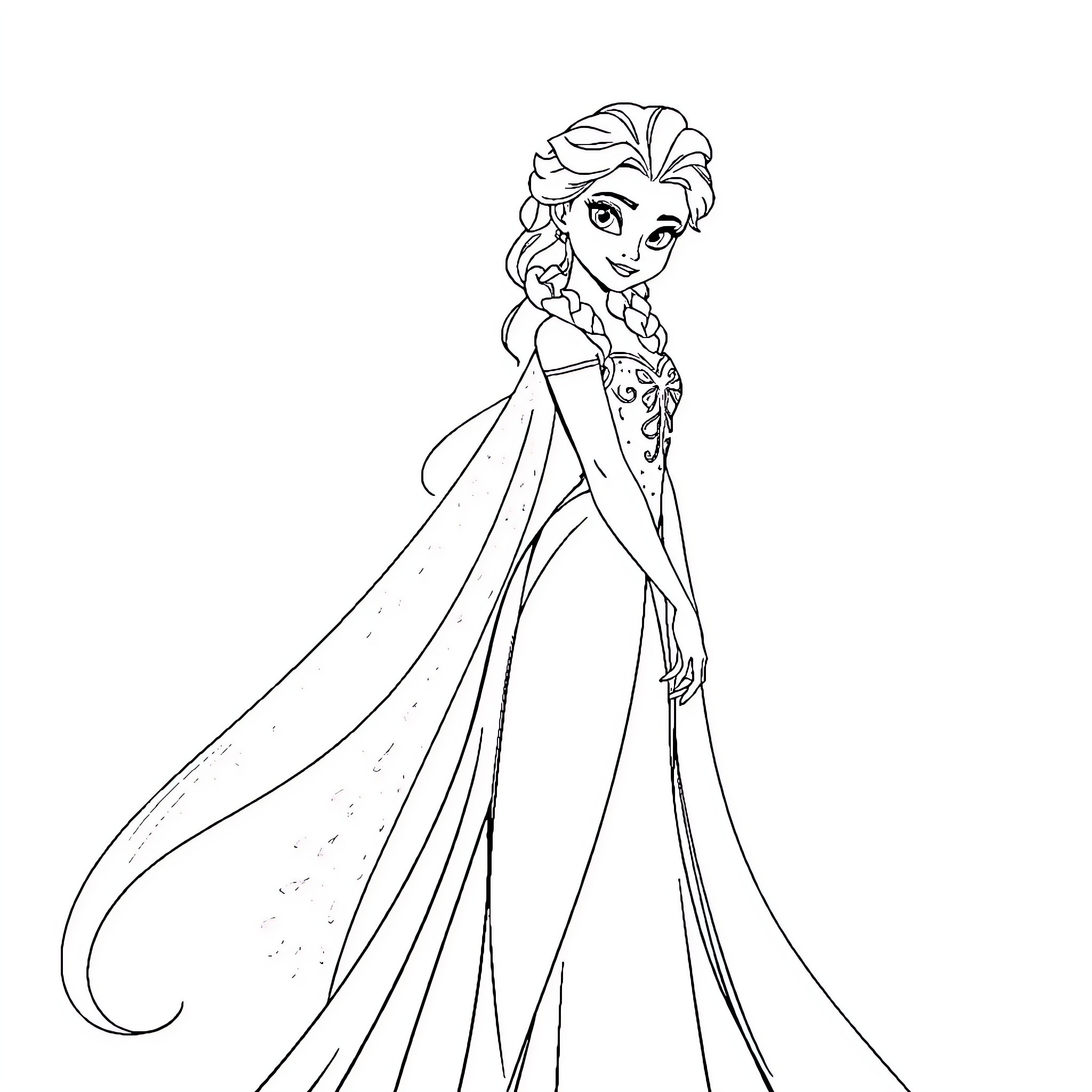 Elsa in her elegant winter attire Coloring Page (free black-and-white line drawing printable PDF for all, from beginners to advanced learners, including children, teens, adults, and seniors)