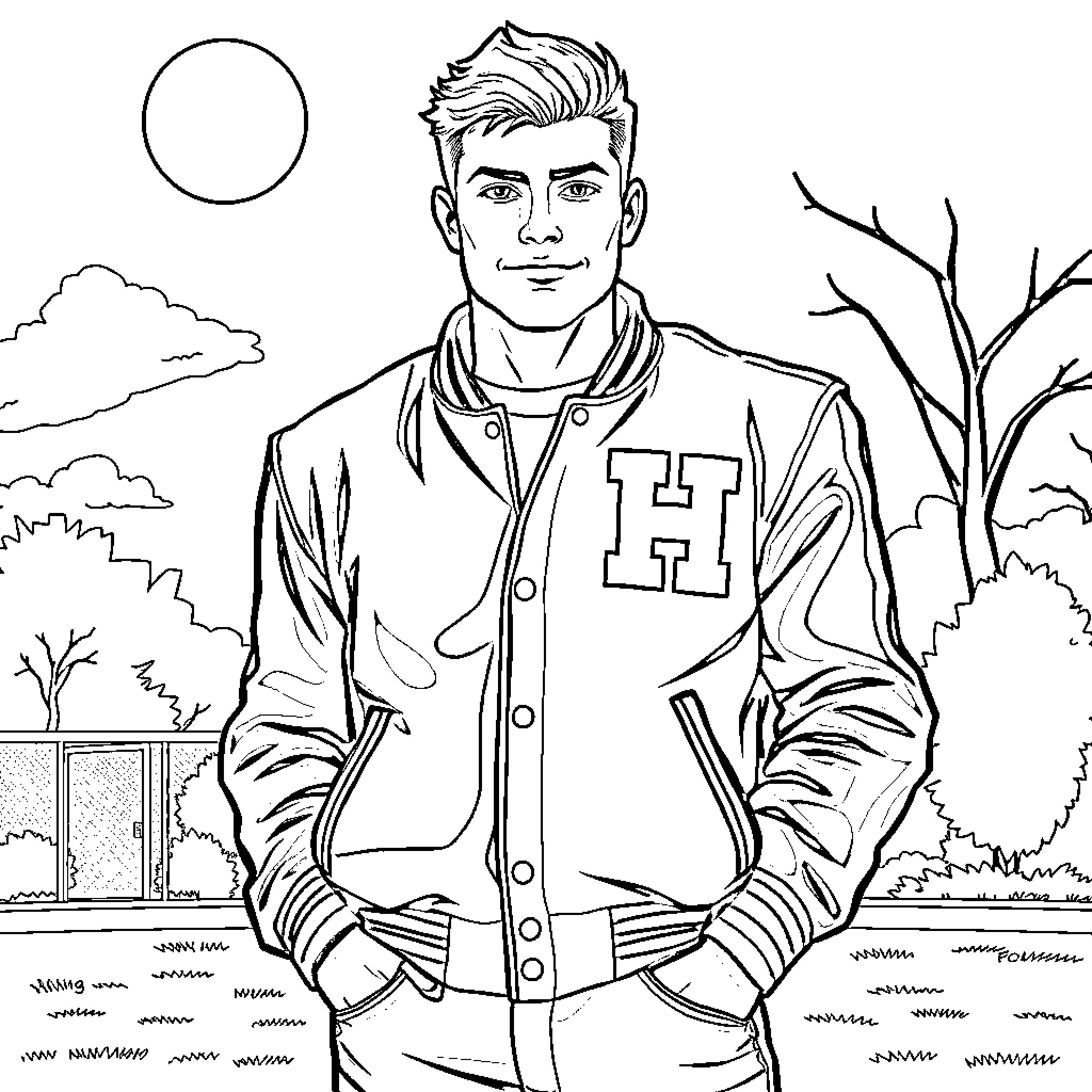 Football Player Posing Confidently in Varsity Jacket Coloring Page (free black-and-white line drawing printable PDF for all, from beginners to advanced learners, including children, teens, adults, and seniors)