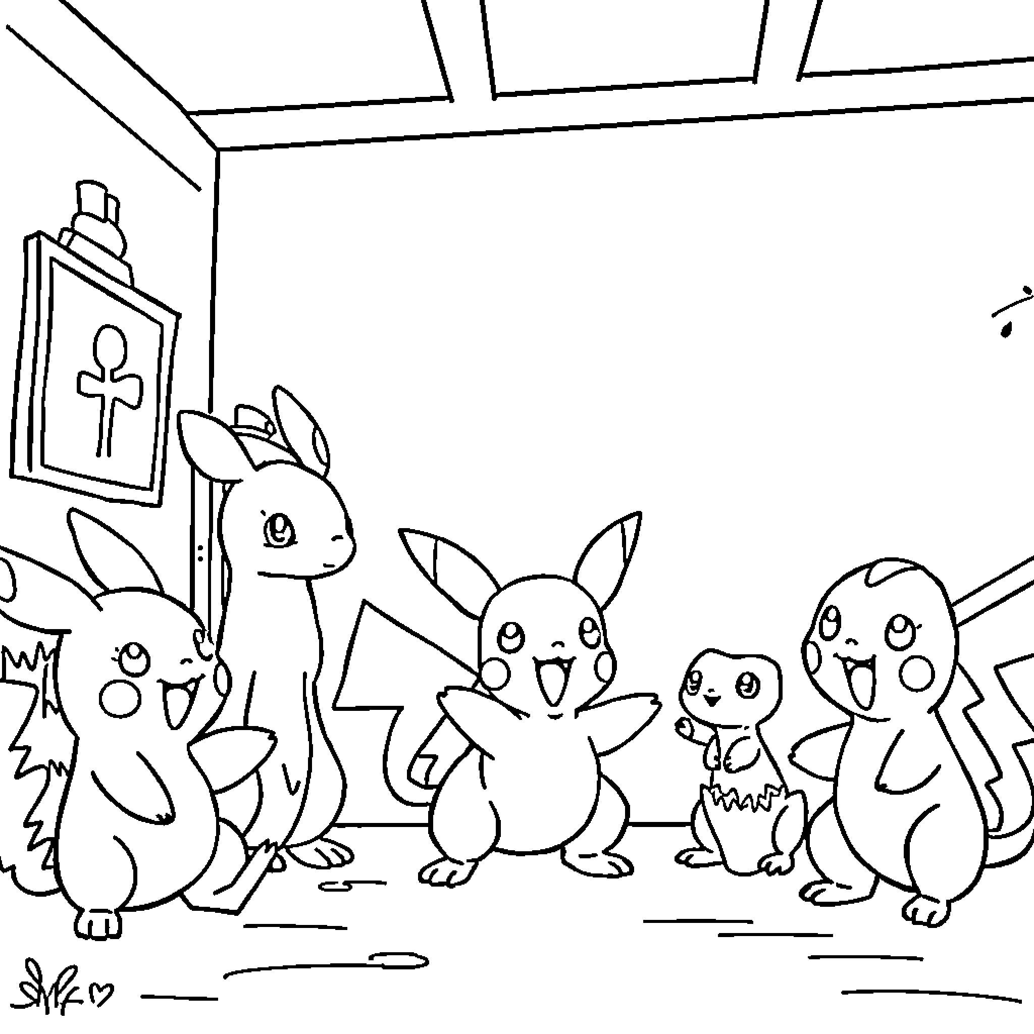 Pokémon characters gathered in a room Coloring Page (free black-and-white line drawing printable PDF for all, from beginners to advanced learners, including children, teens, adults, and seniors)
