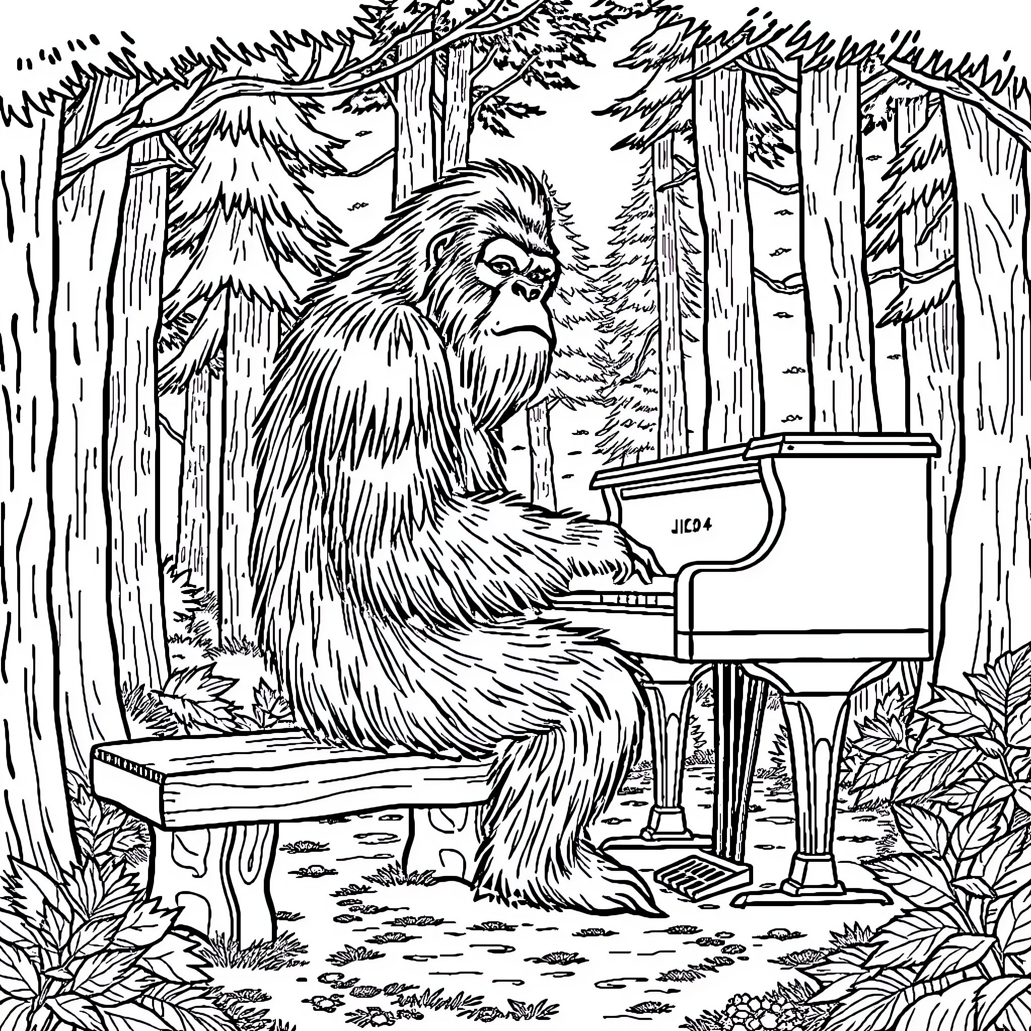 Bigfoot playing piano in the forest Coloring Page (free black-and-white line drawing printable PDF for all, from beginners to advanced learners, including children, teens, adults, and seniors)