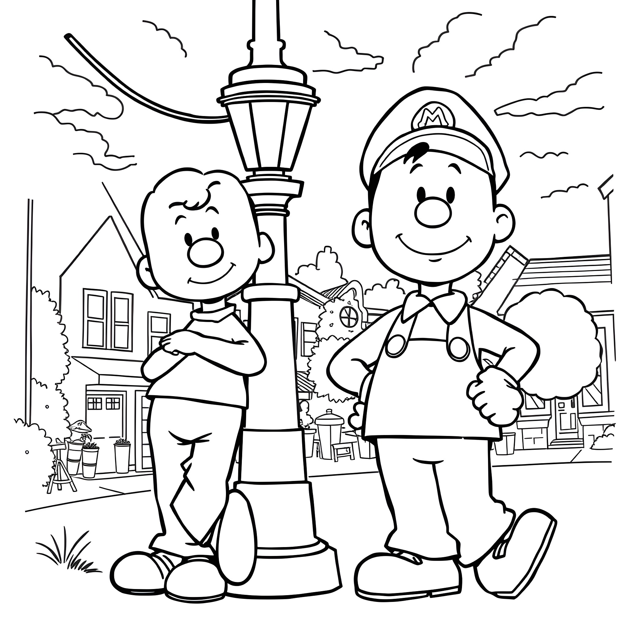 Charlie Brown and Fireman Enjoying Outdoor Scene Coloring Page (free black-and-white line drawing printable PDF for all, from beginners to advanced learners, including children, teens, adults, and seniors)