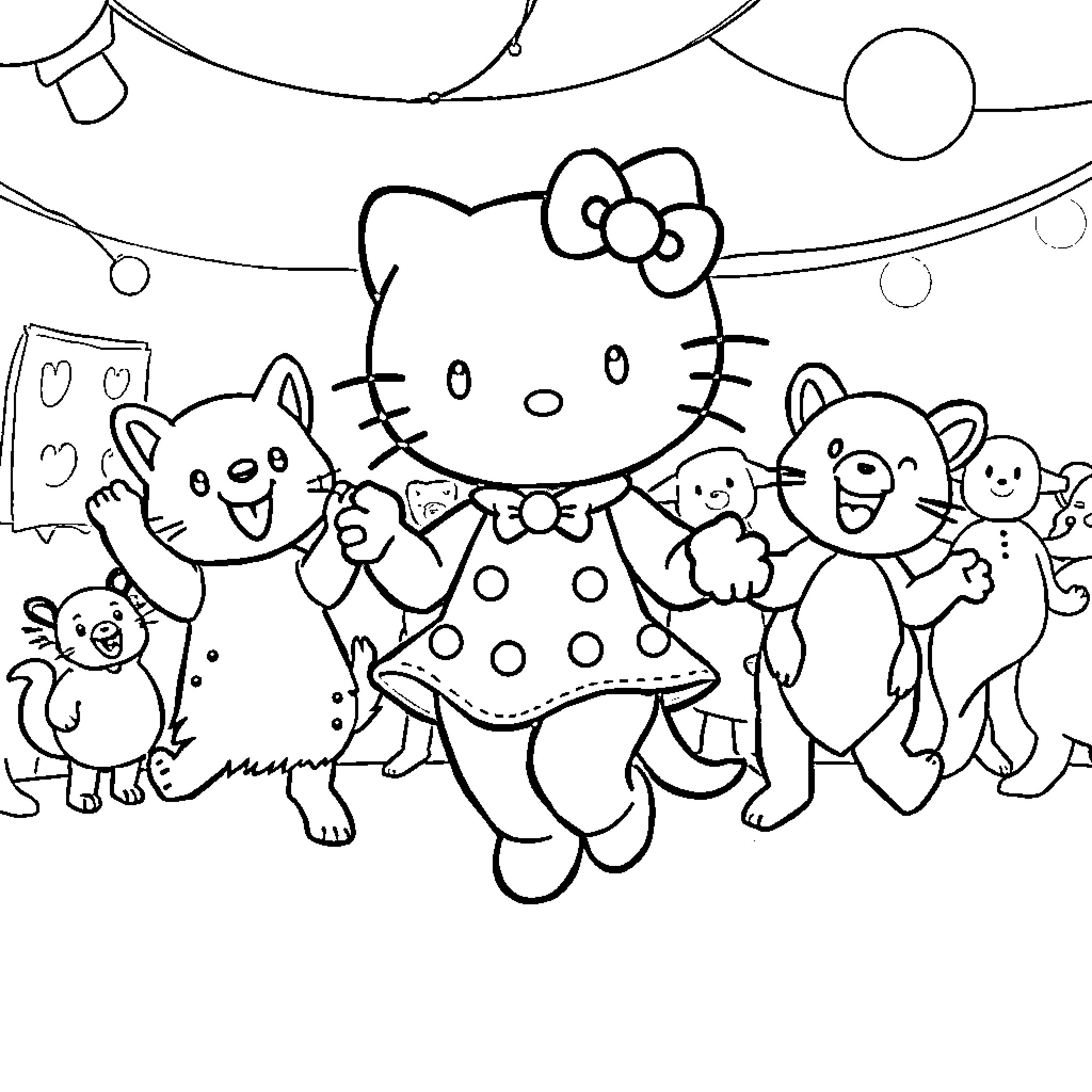 Kitty and Friends in a Playful Scene Coloring Page (free black-and-white line drawing printable PDF for all, from beginners to advanced learners, including children, teens, adults, and seniors)
