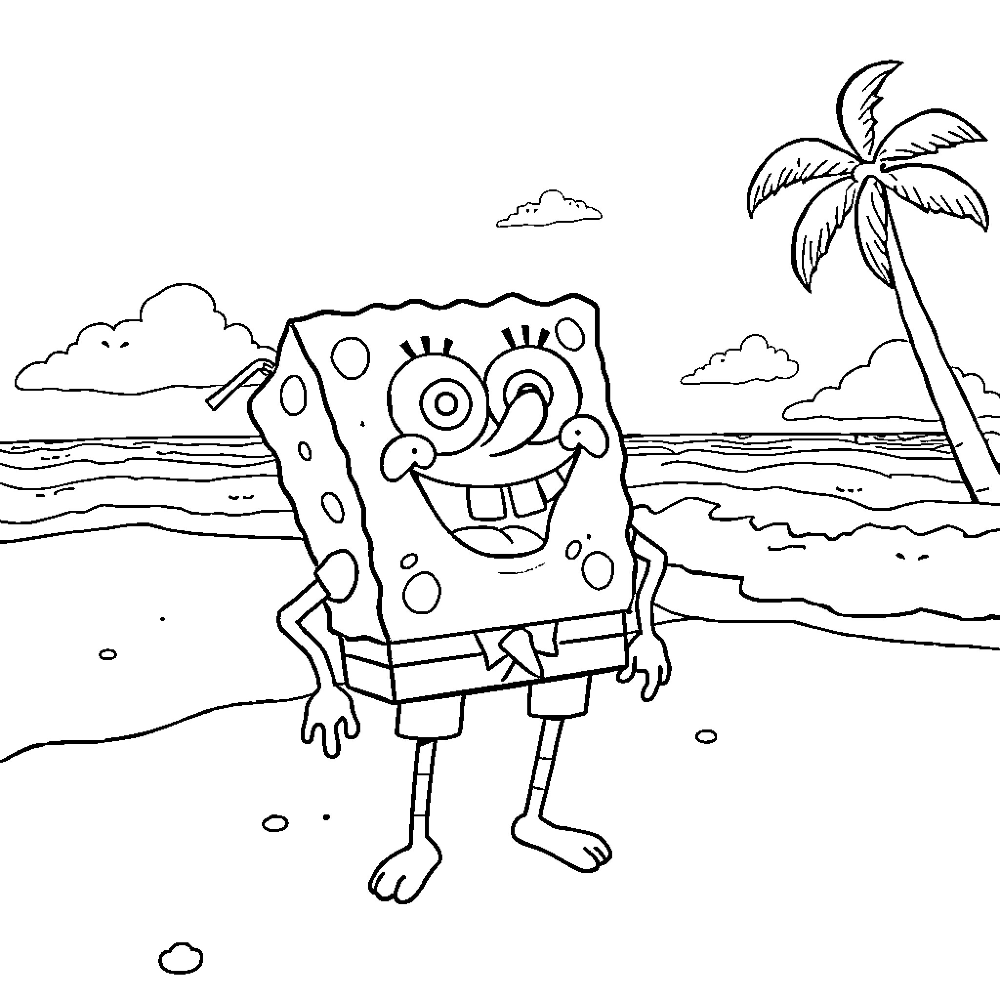 Spongebob having fun on the beach Coloring Page (free black-and-white line drawing printable PDF for all, from beginners to advanced learners, including children, teens, adults, and seniors)