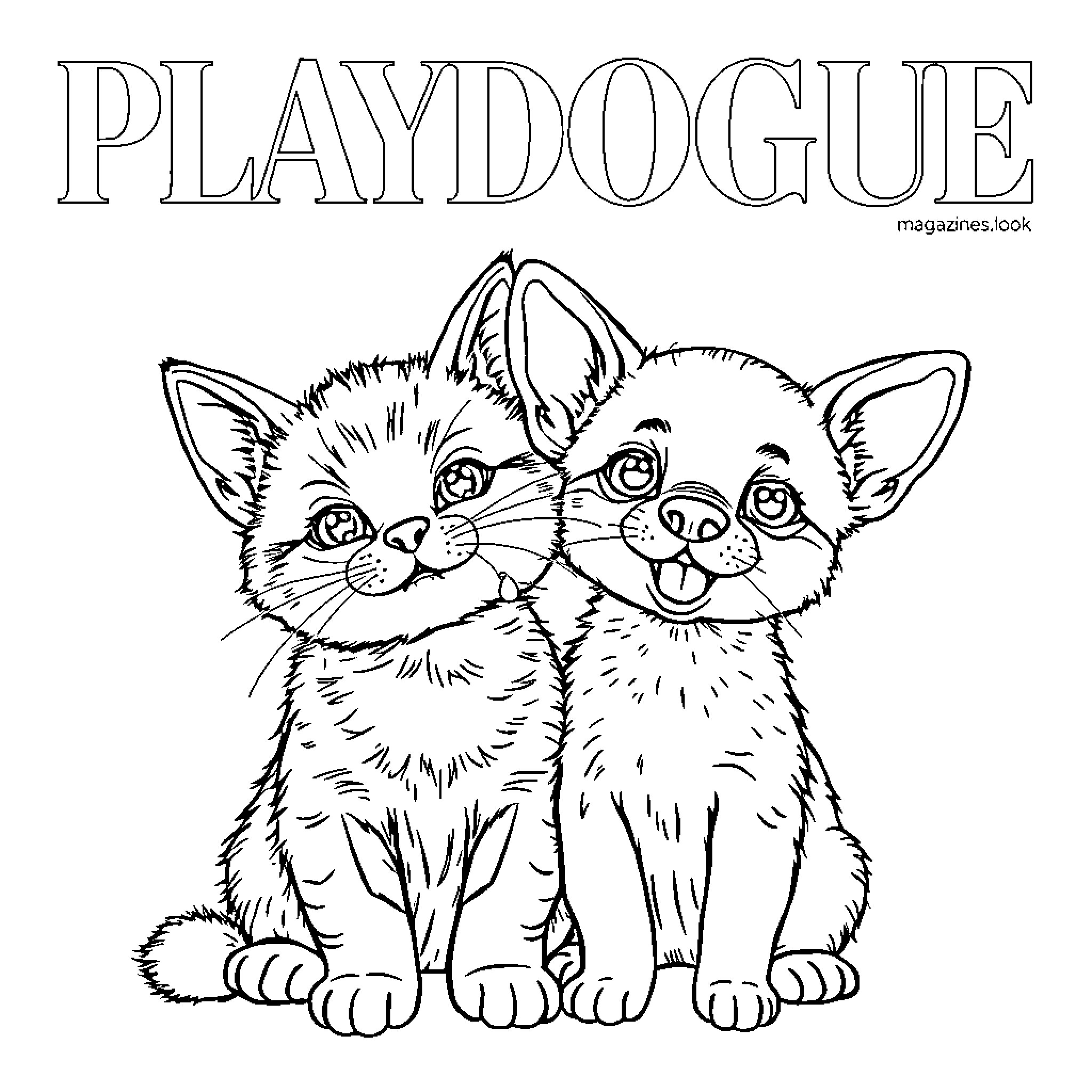 Kittens posing playfully on Playdogue magazine cover Coloring Page (free black-and-white line drawing printable PDF for all, from beginners to advanced learners, including children, teens, adults, and seniors)
