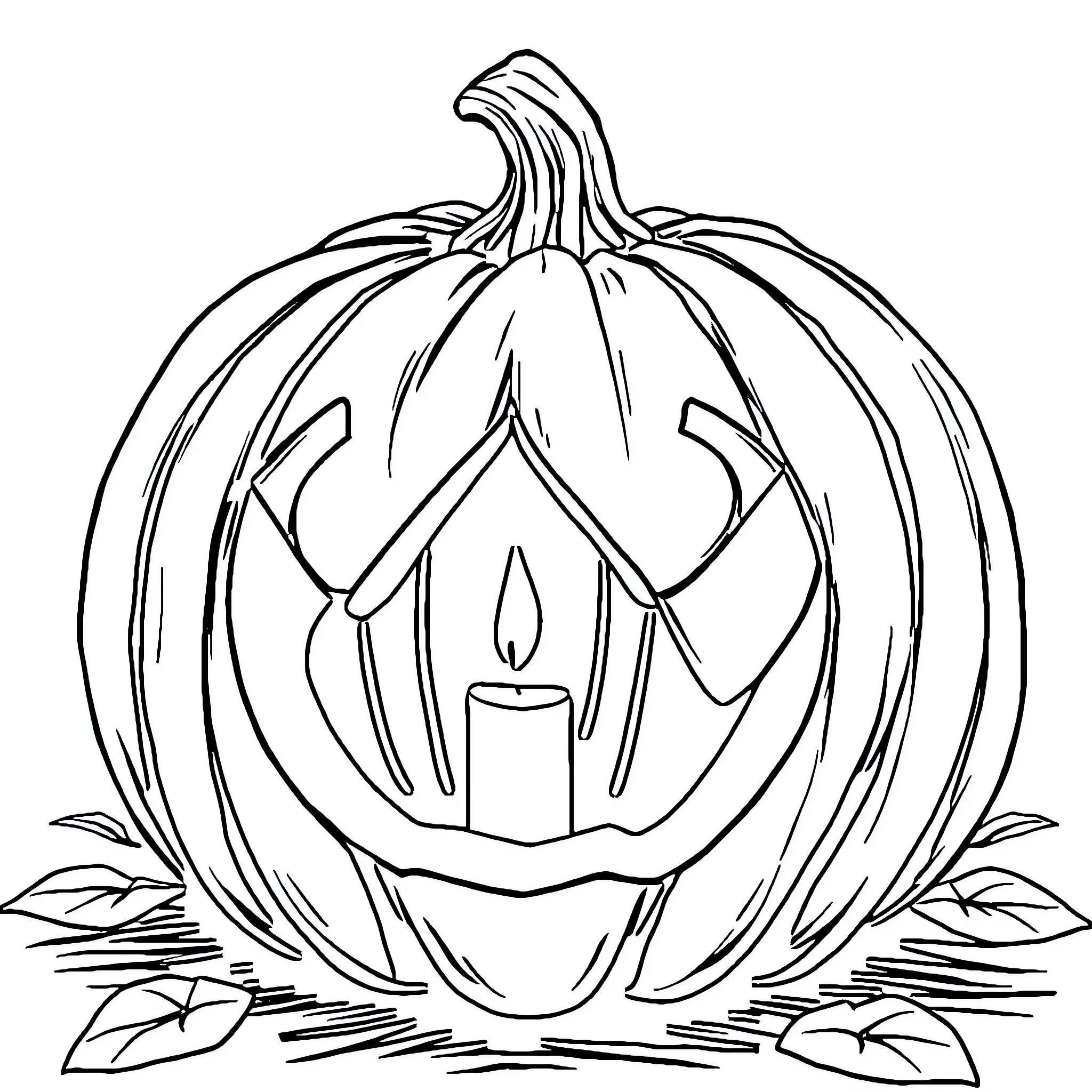 Pumpkin with Carved Jack-o'-Lantern Face Coloring Page (free black-and-white line drawing printable PDF for all, from beginners to advanced learners, including children, teens, adults, and seniors)