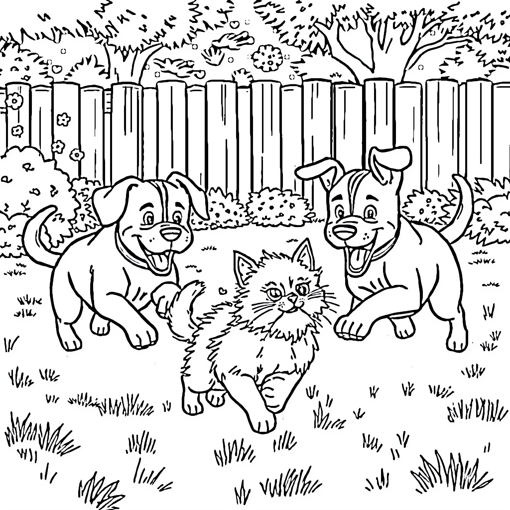 Dog friends having fun in the backyard Coloring Page (free black-and-white line drawing printable PDF for all, from beginners to advanced learners, including children, teens, adults, and seniors)