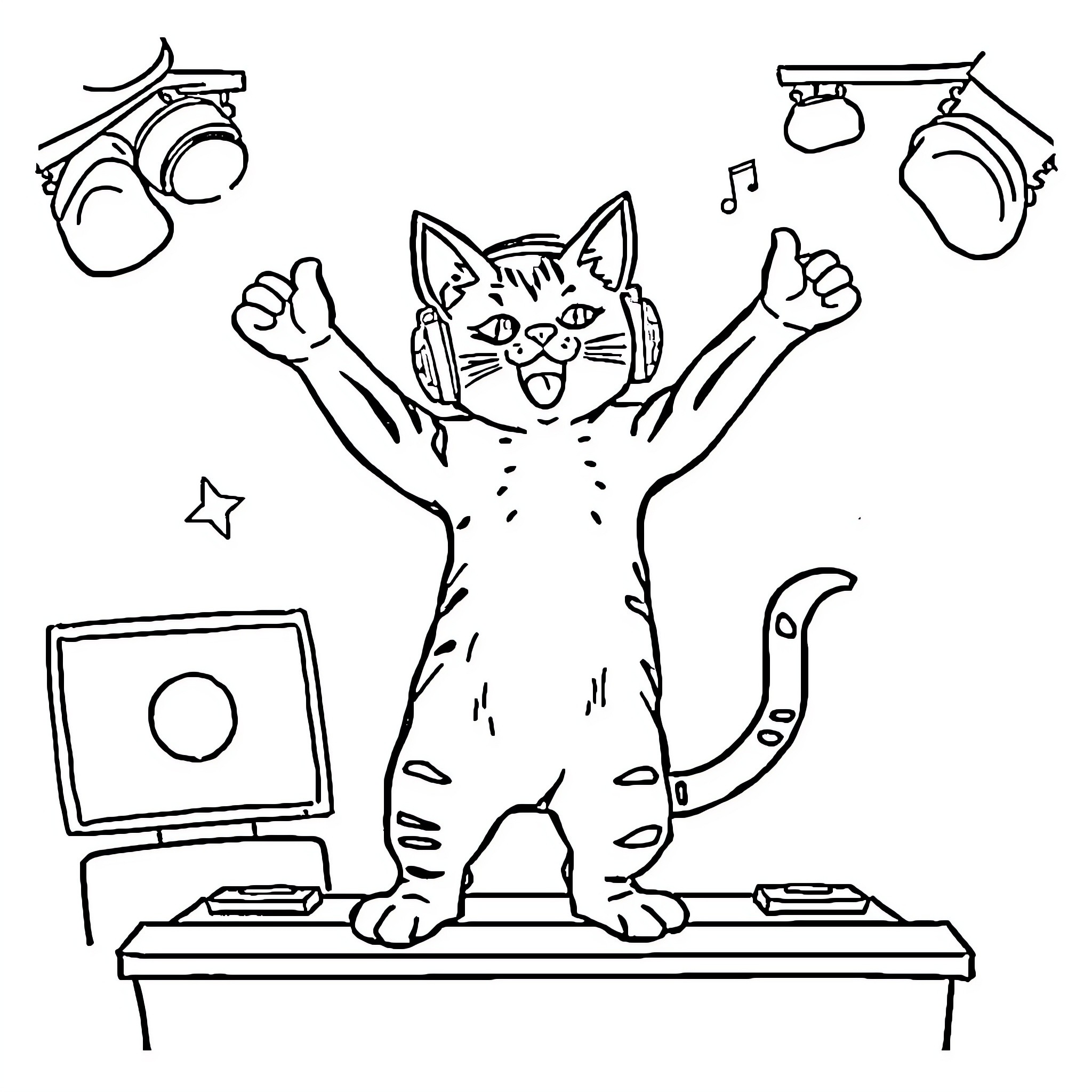 DJ Catnip's Energetic Music Performance Coloring Page (free black-and-white line drawing printable PDF for all, from beginners to advanced learners, including children, teens, adults, and seniors)