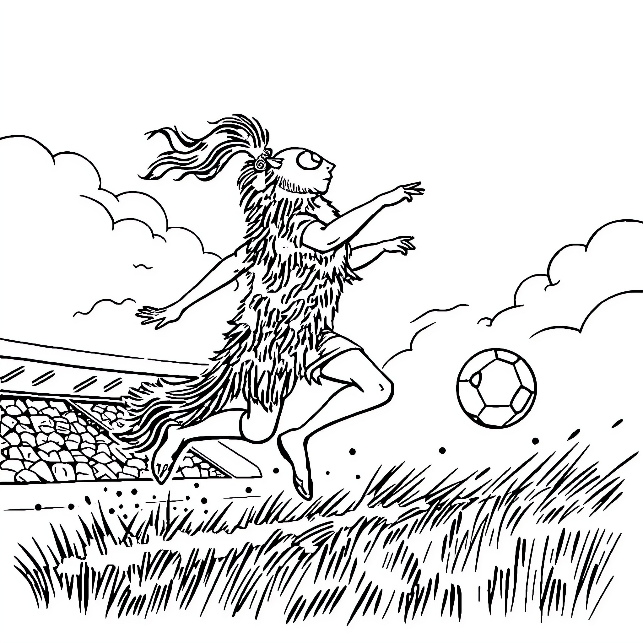 Voley Player Kicking Ball in Outdoor Field Coloring Page (free black-and-white line drawing printable PDF for all, from beginners to advanced learners, including children, teens, adults, and seniors)