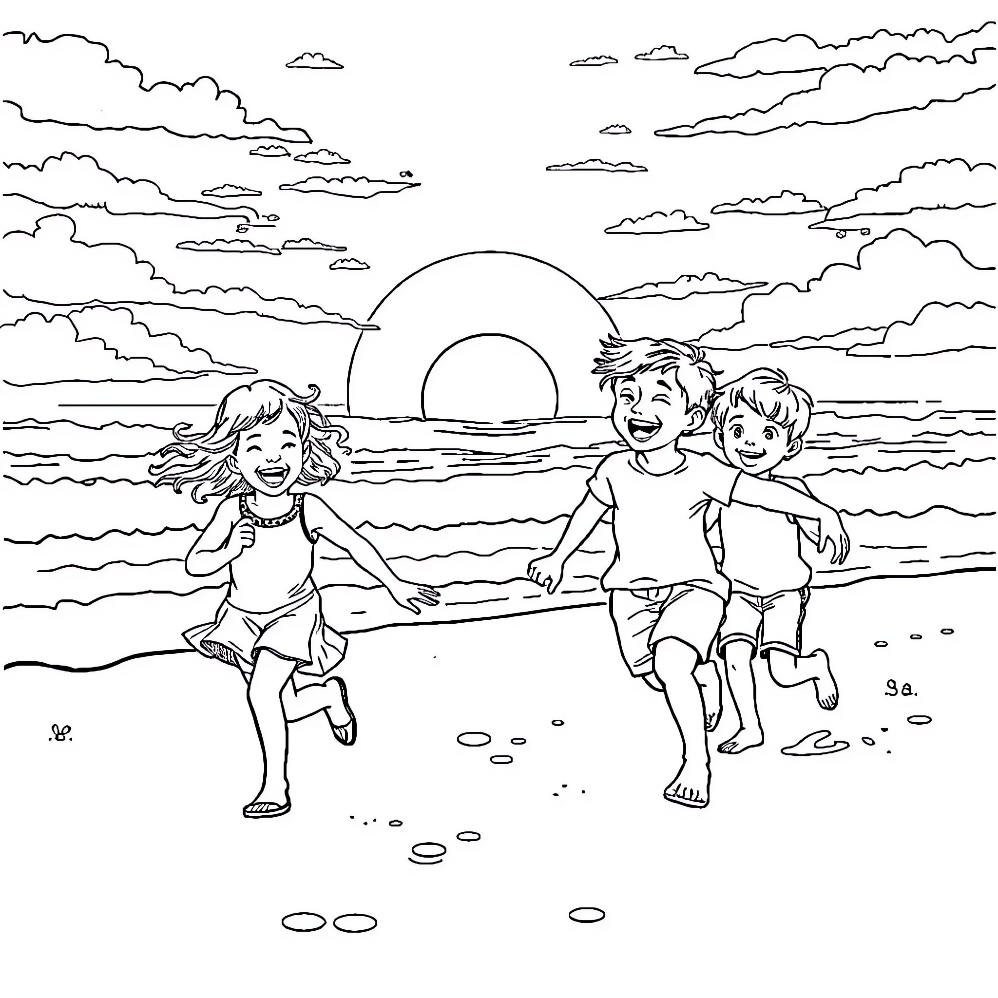 Children playing joyfully at the beach Coloring Page (free black-and-white line drawing printable PDF for all, from beginners to advanced learners, including children, teens, adults, and seniors)