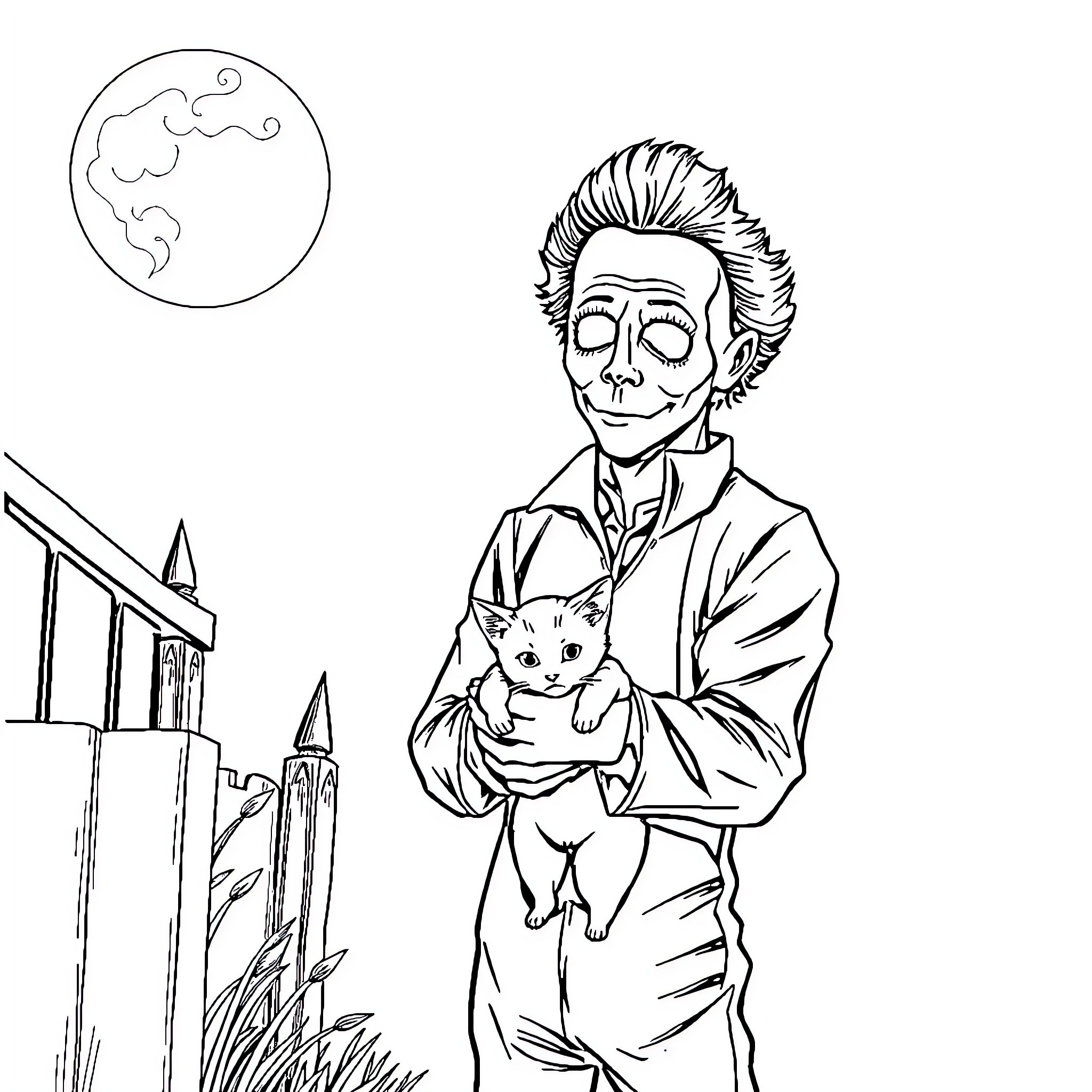 Michael Myers holding a cat in a spooky town Coloring Page (free black-and-white line drawing printable PDF for all, from beginners to advanced learners, including children, teens, adults, and seniors)