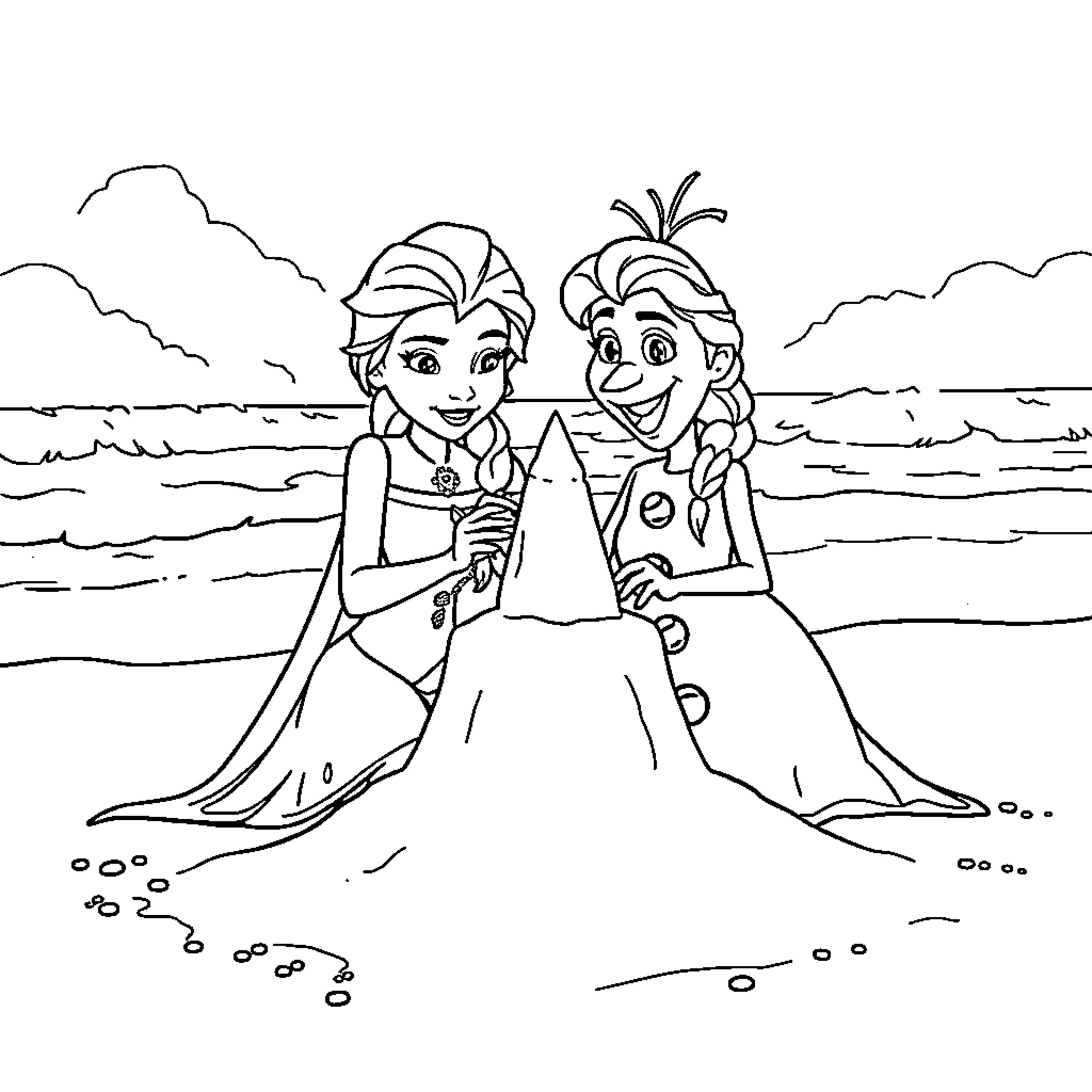 Elsa and Olaf enjoy a beach outing Coloring Page (free black-and-white line drawing printable PDF for all, from beginners to advanced learners, including children, teens, adults, and seniors)