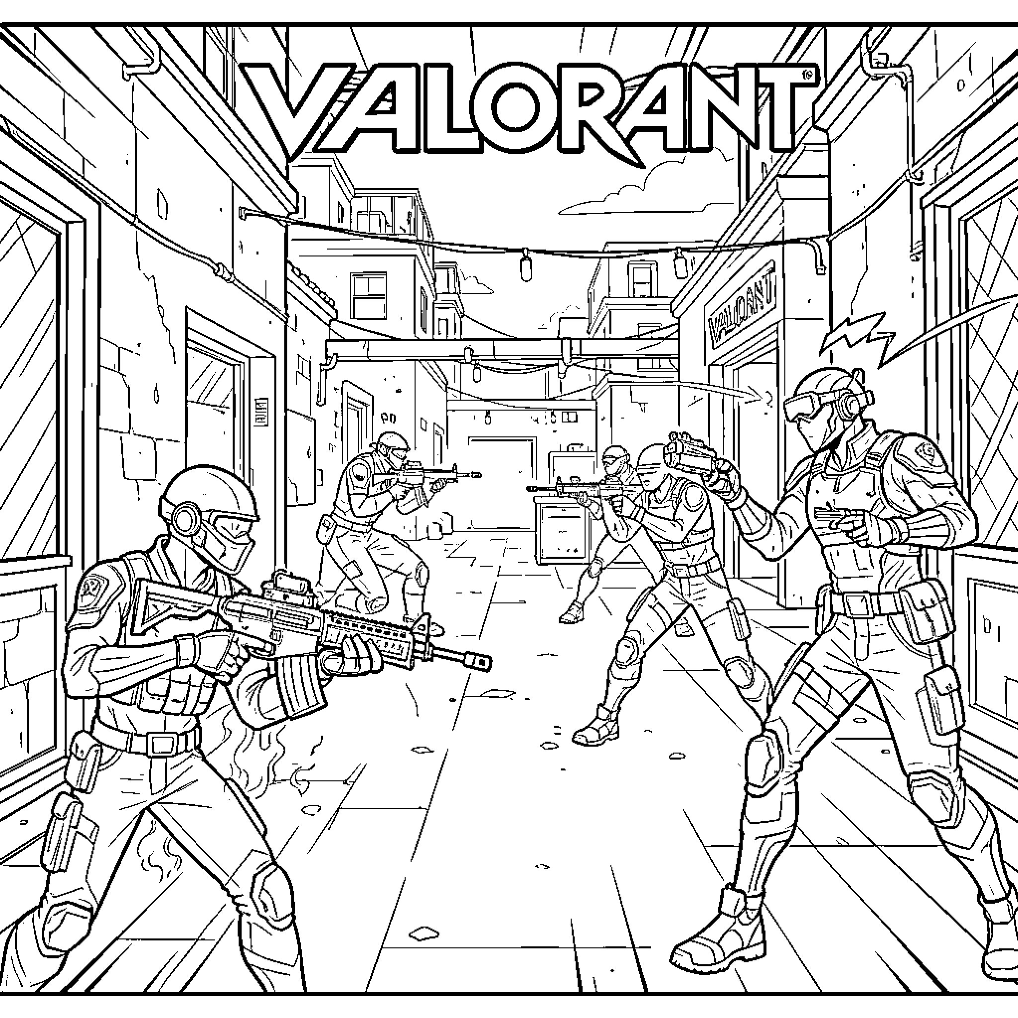 Valorant characters engaged in combat action in the city streets Coloring Page (free black-and-white line drawing printable PDF for all, from beginners to advanced learners, including children, teens, adults, and seniors)