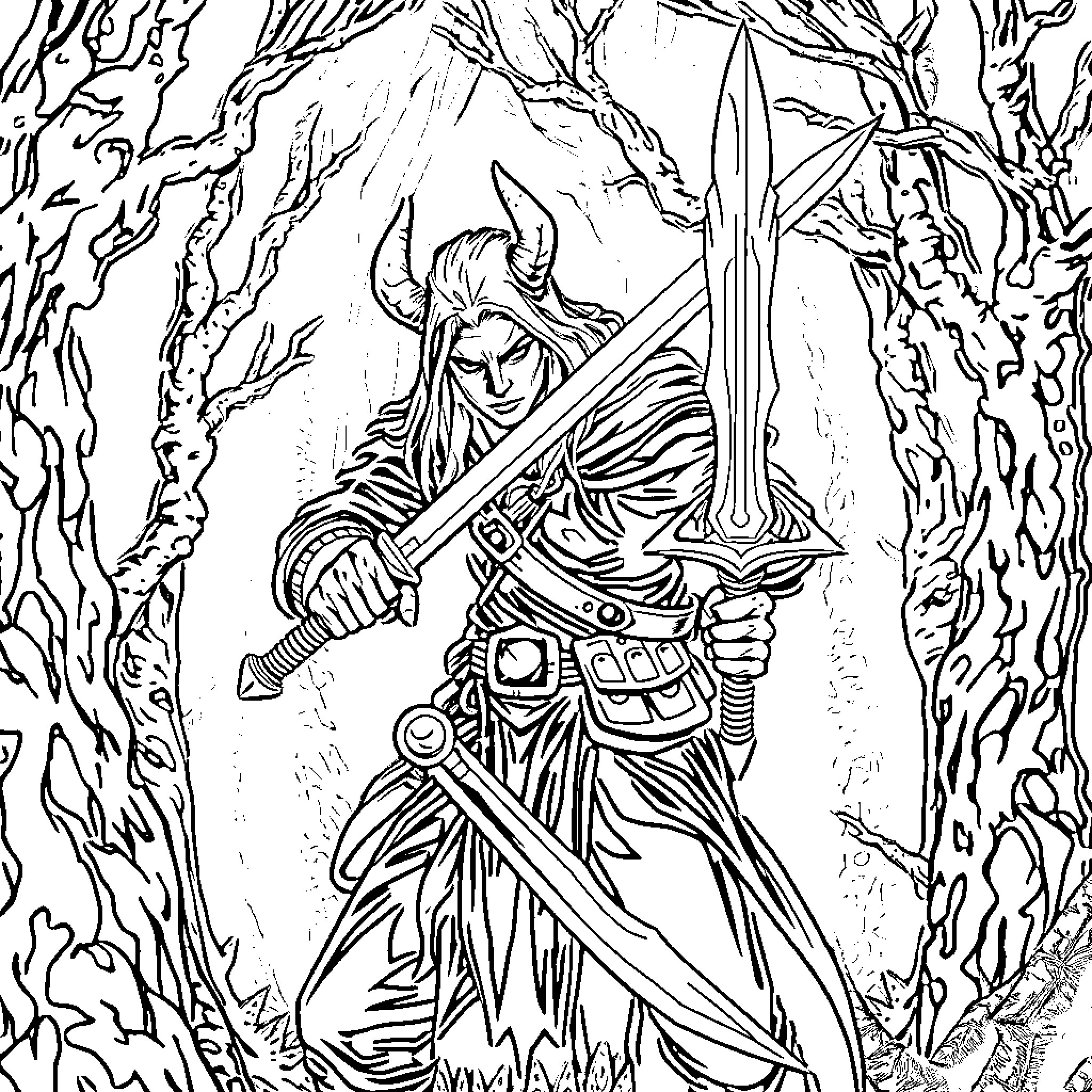 Demon Hunter in Fierce Battle Against the Darkness Coloring Page (free black-and-white line drawing printable PDF for all, from beginners to advanced learners, including children, teens, adults, and seniors)