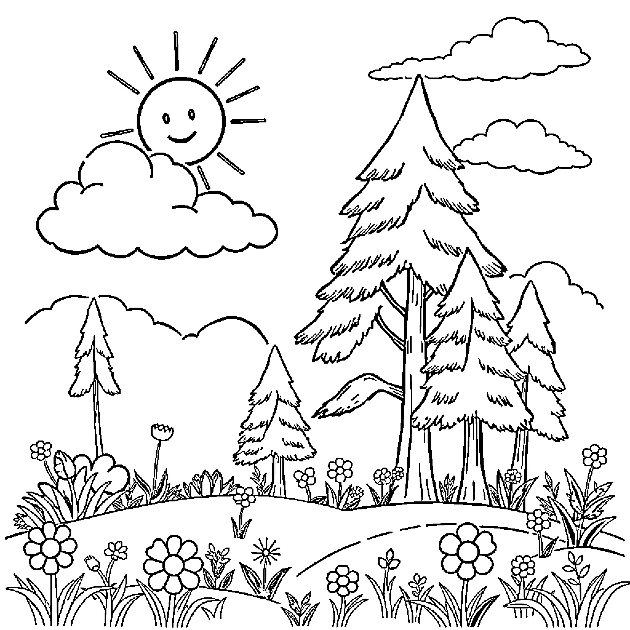 Nature's Peaceful Landscape Coloring Page (free black-and-white line drawing printable PDF for all, from beginners to advanced learners, including children, teens, adults, and seniors)