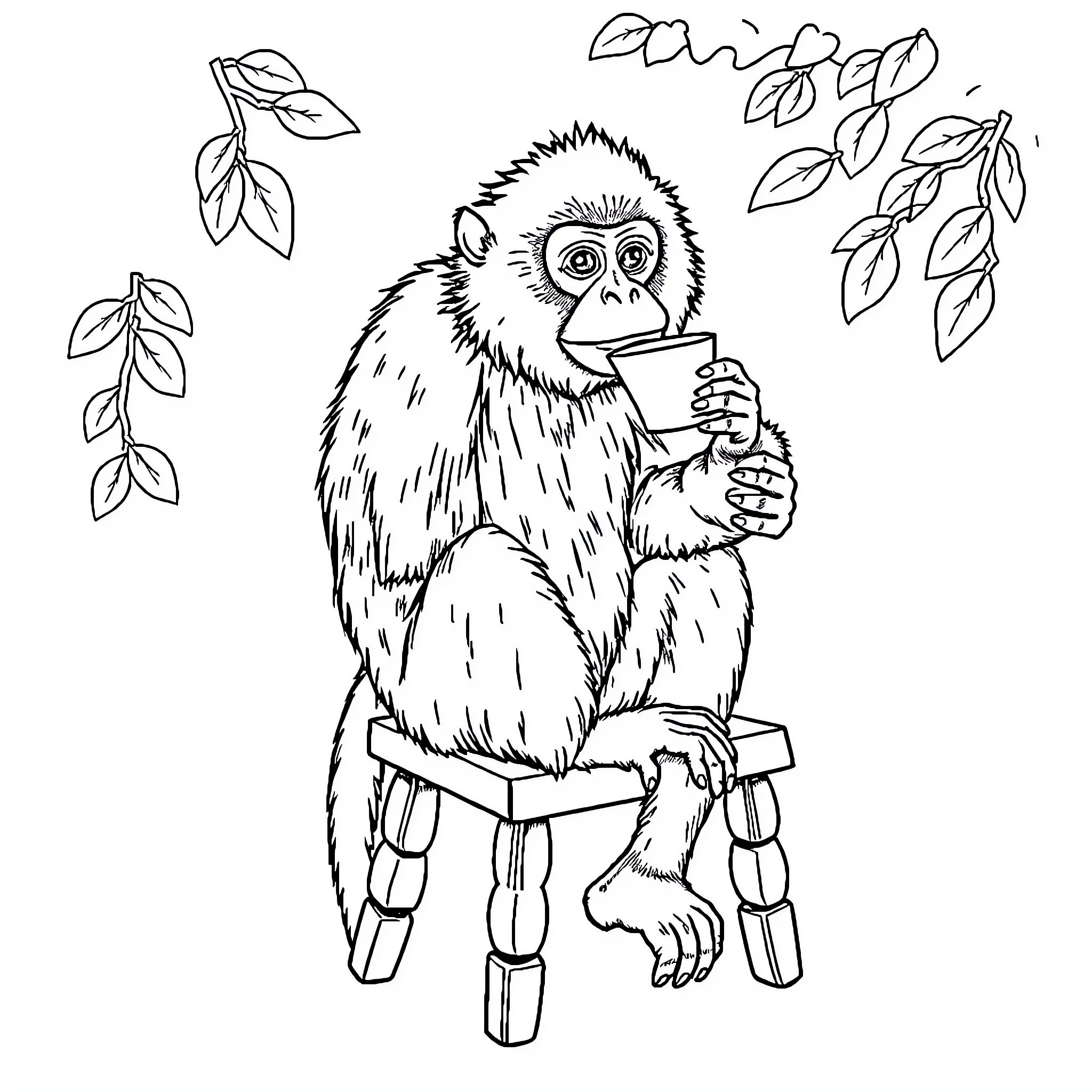 Gibbon enjoying a snack in the foliage Coloring Page (free black-and-white line drawing printable PDF for all, from beginners to advanced learners, including children, teens, adults, and seniors)