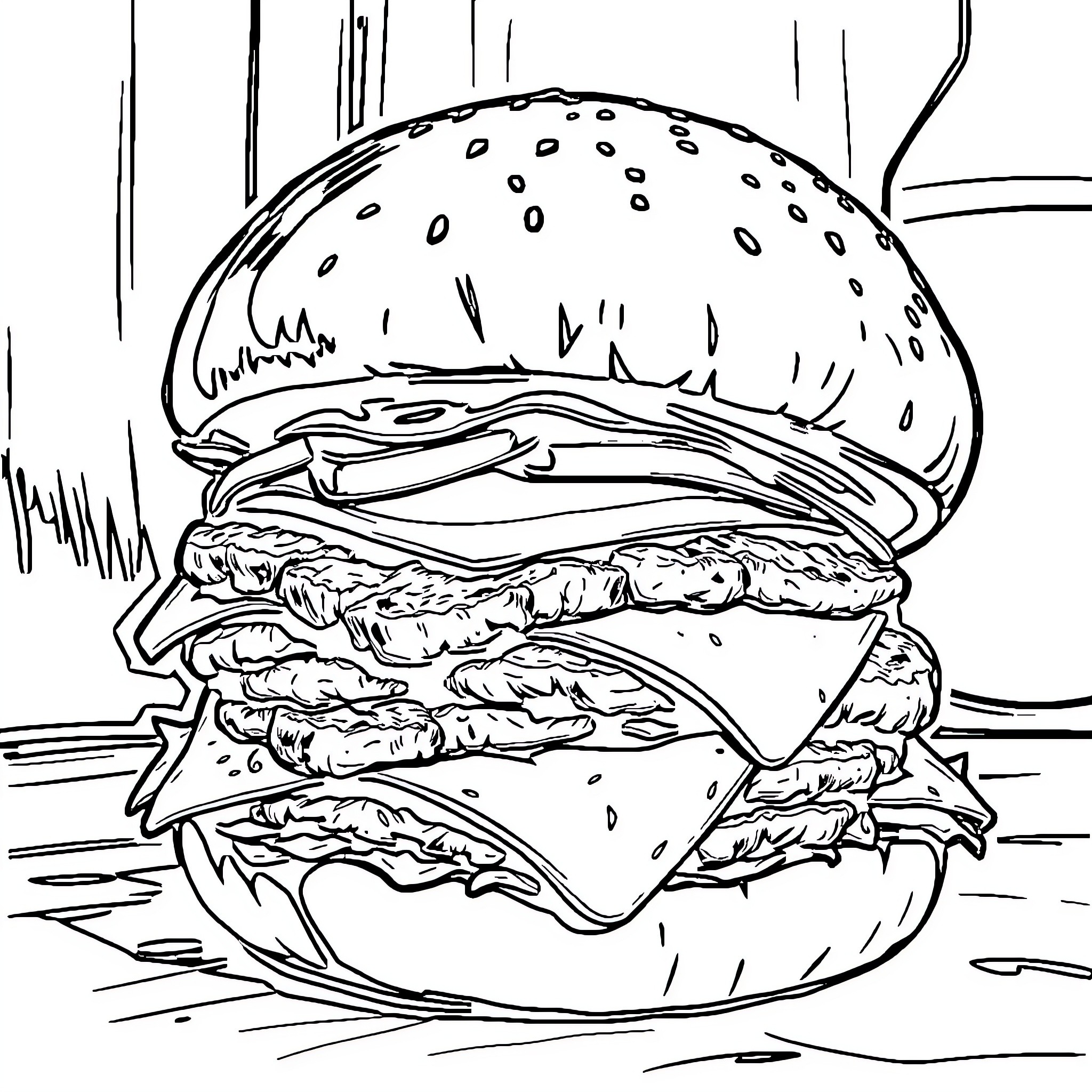 Hamburger with detailed layers and textures Coloring Page (free black-and-white line drawing printable PDF for all, from beginners to advanced learners, including children, teens, adults, and seniors)