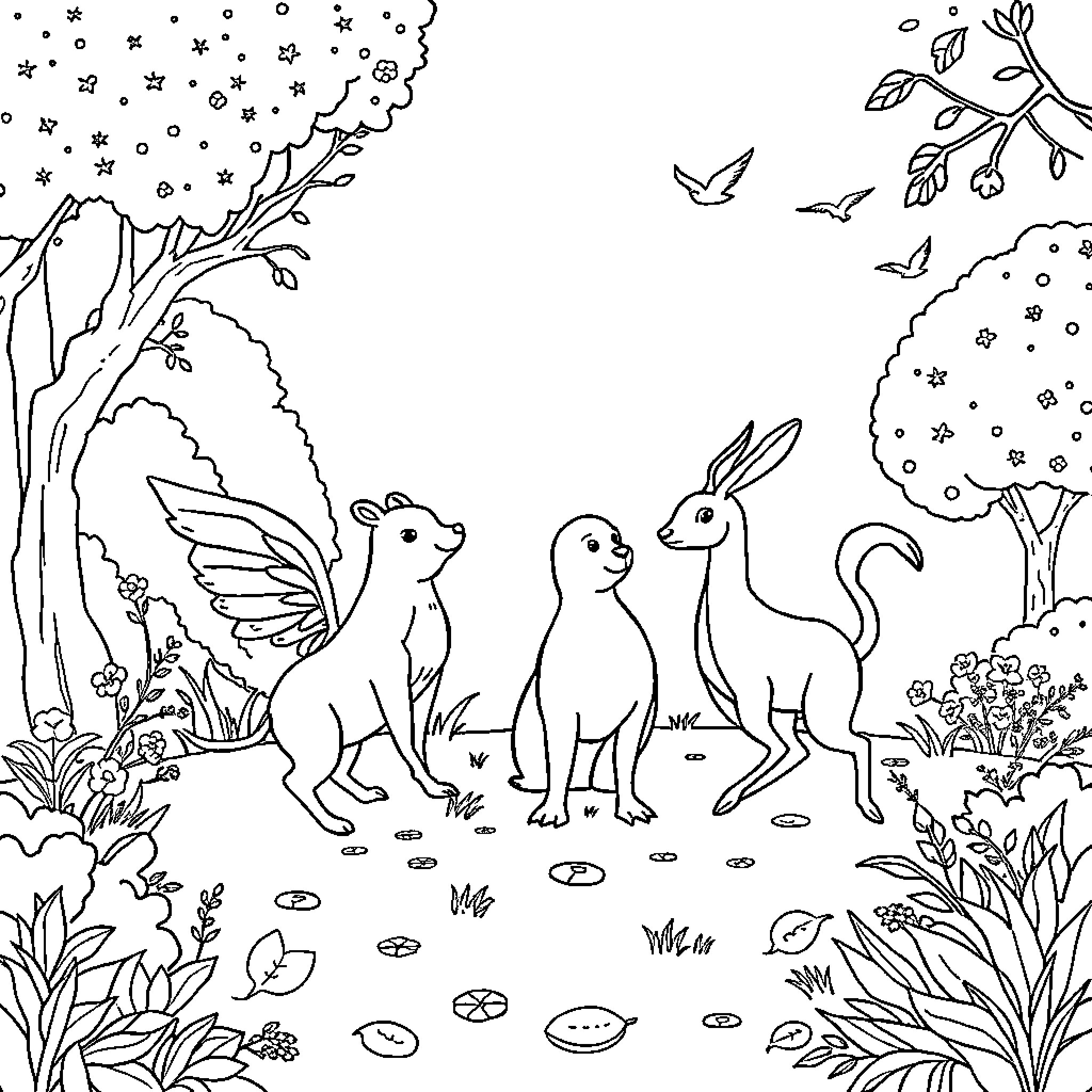 Animal friends exploring the enchanted forest Coloring Page (free black-and-white line drawing printable PDF for all, from beginners to advanced learners, including children, teens, adults, and seniors)