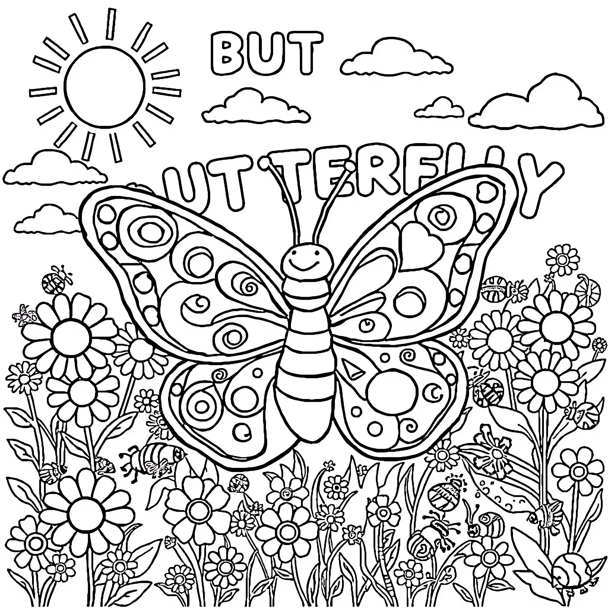 Butterfly But Utterly Playful Coloring Page (free black-and-white line drawing printable PDF for all, from beginners to advanced learners, including children, teens, adults, and seniors)